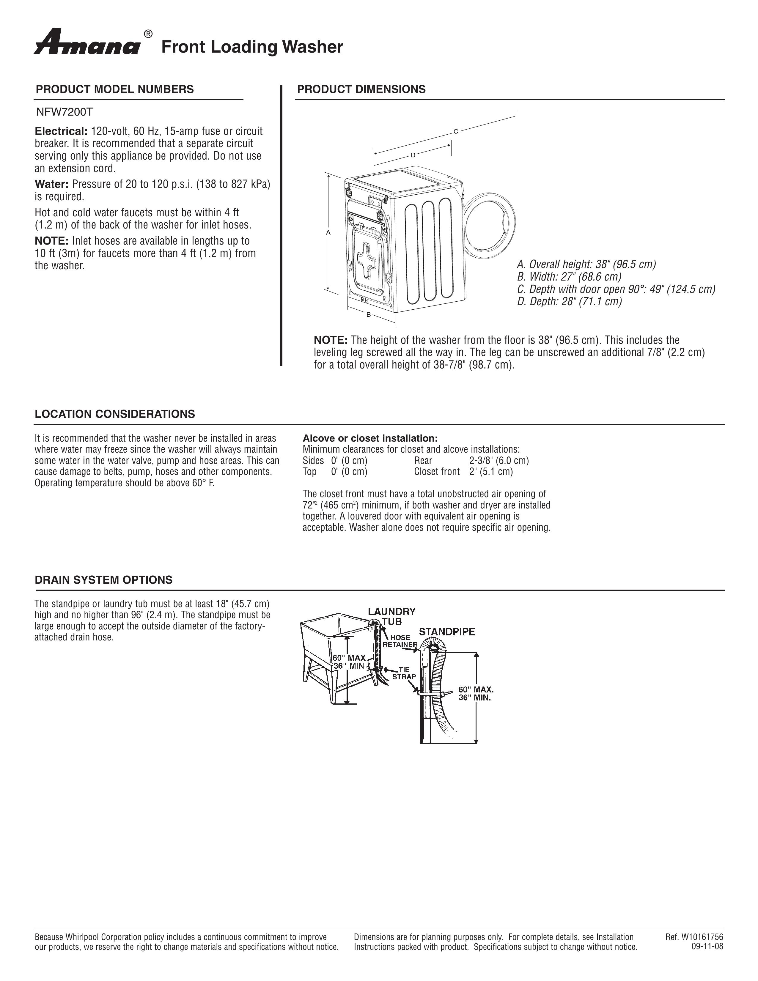 Amana NFW7200TW Washer User Manual