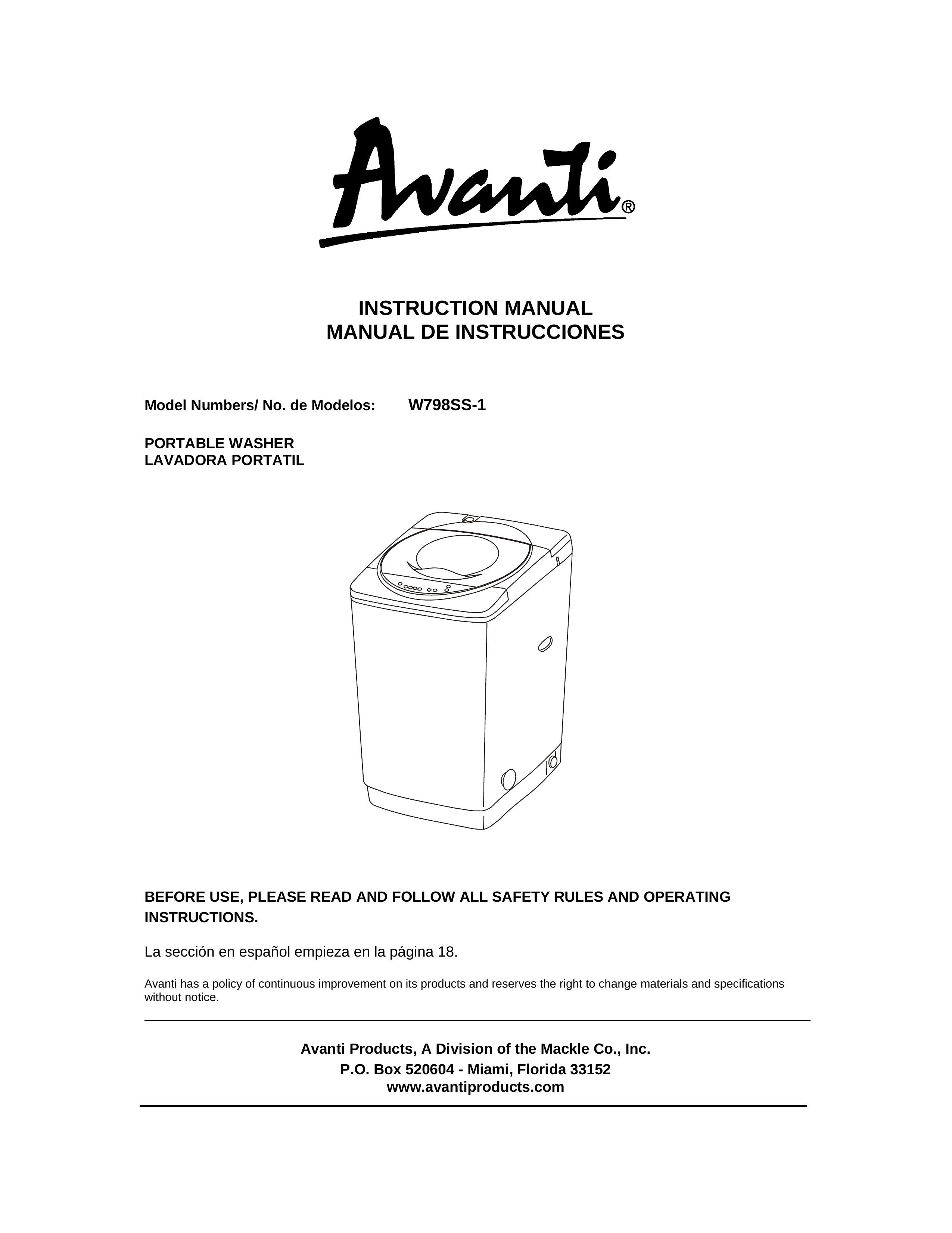 Avanti W798SS-1 Washer User Manual