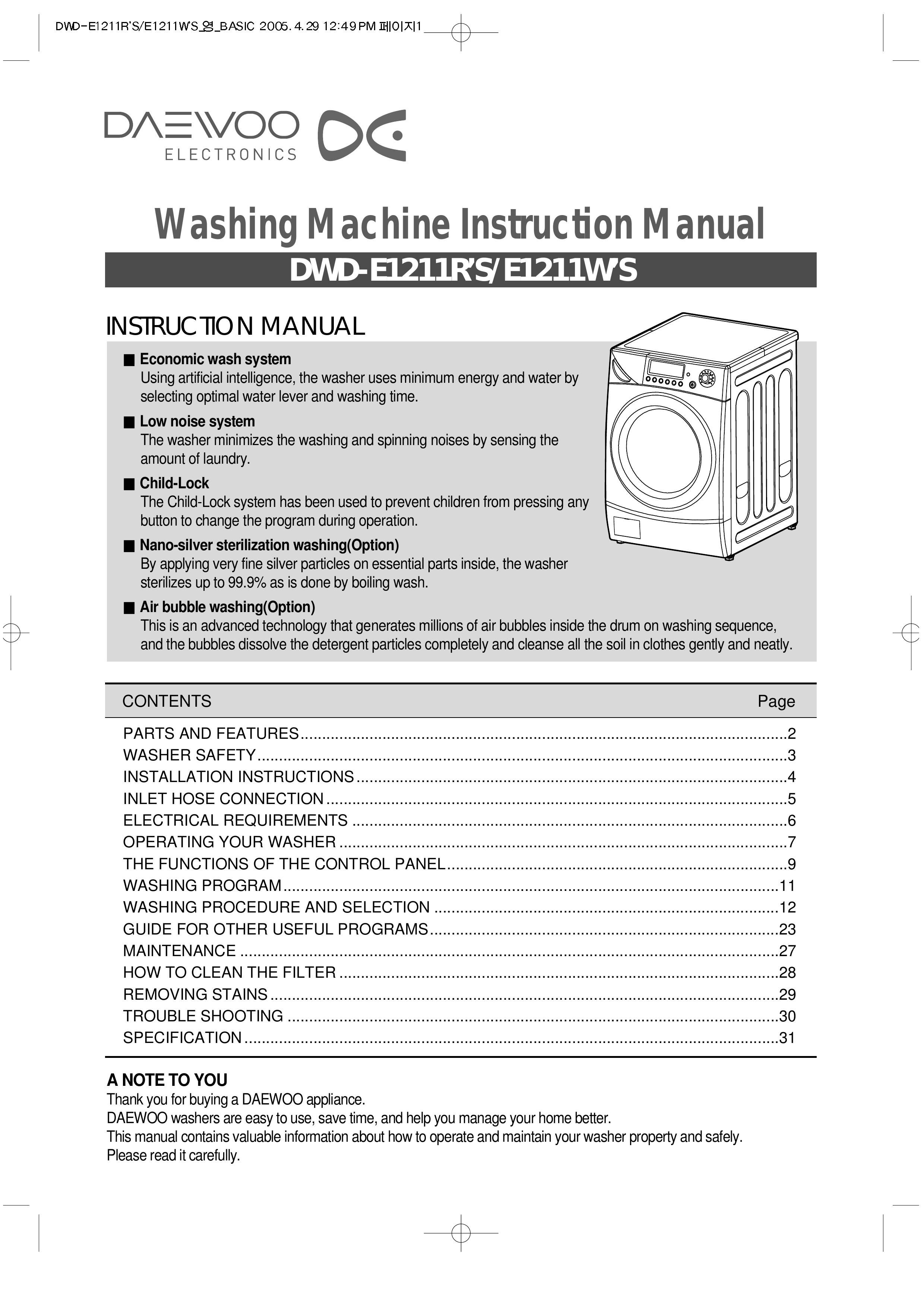 Daewoo DWD-E1211R'S Washer User Manual