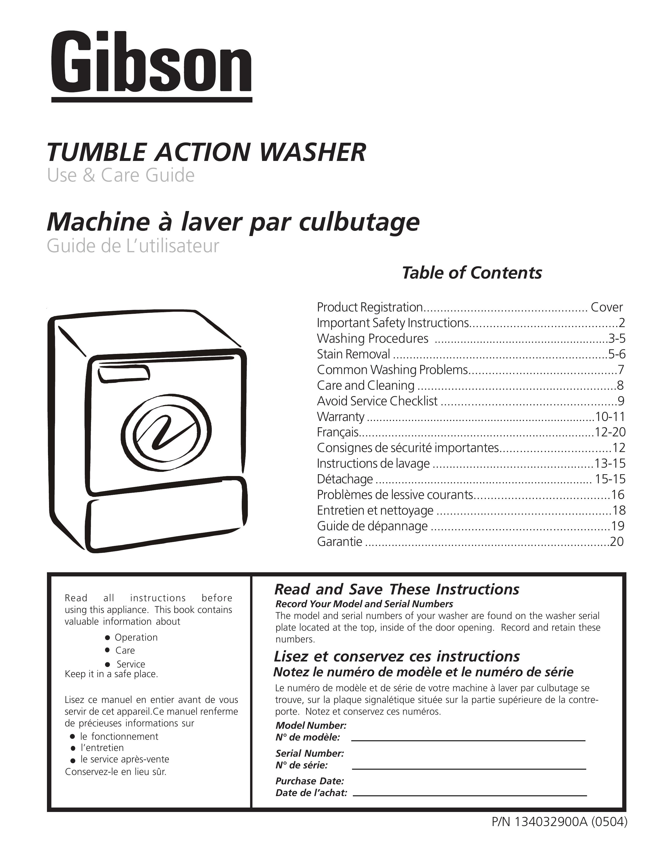 Electrolux - Gibson 134032900A Washer User Manual