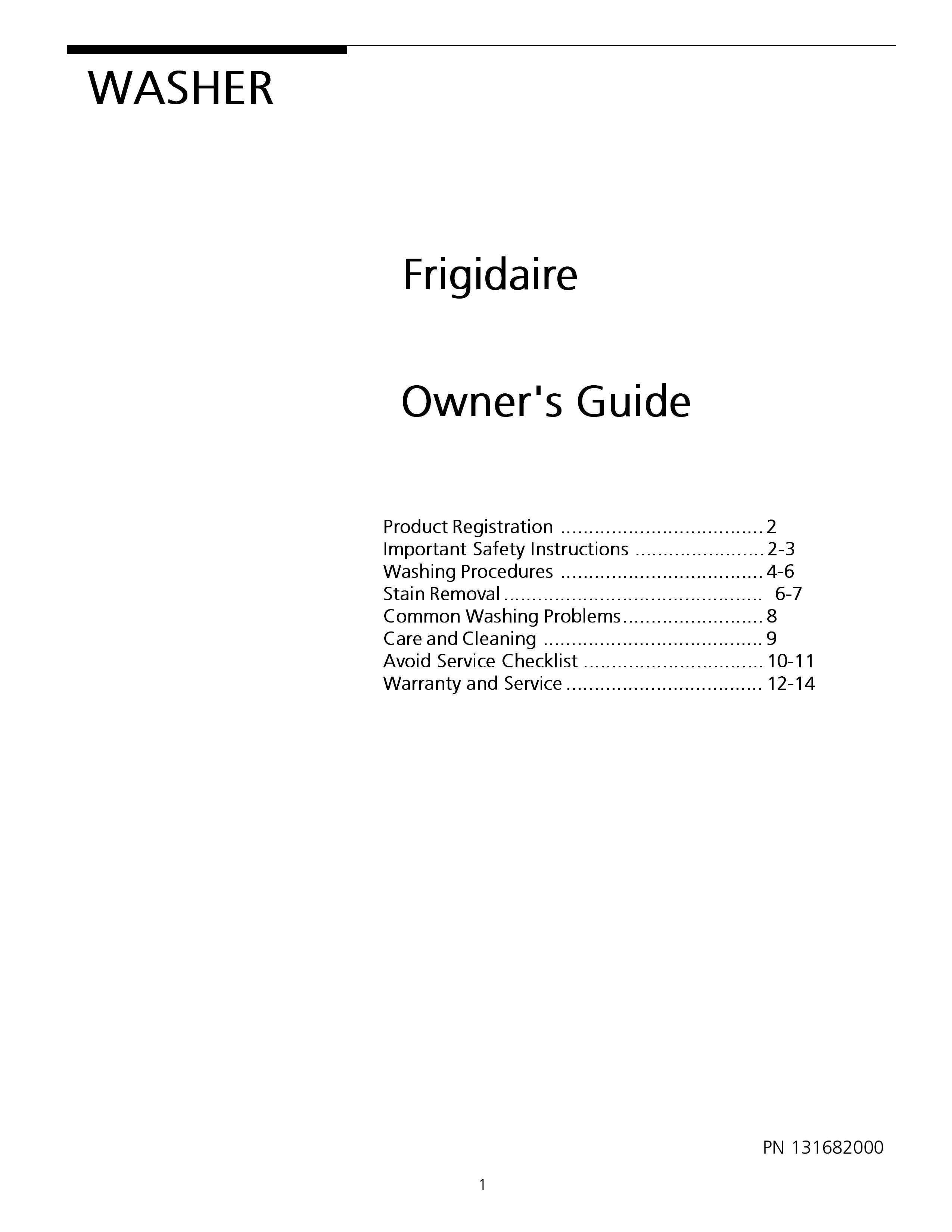 Frigidaire 131682000 Washer User Manual
