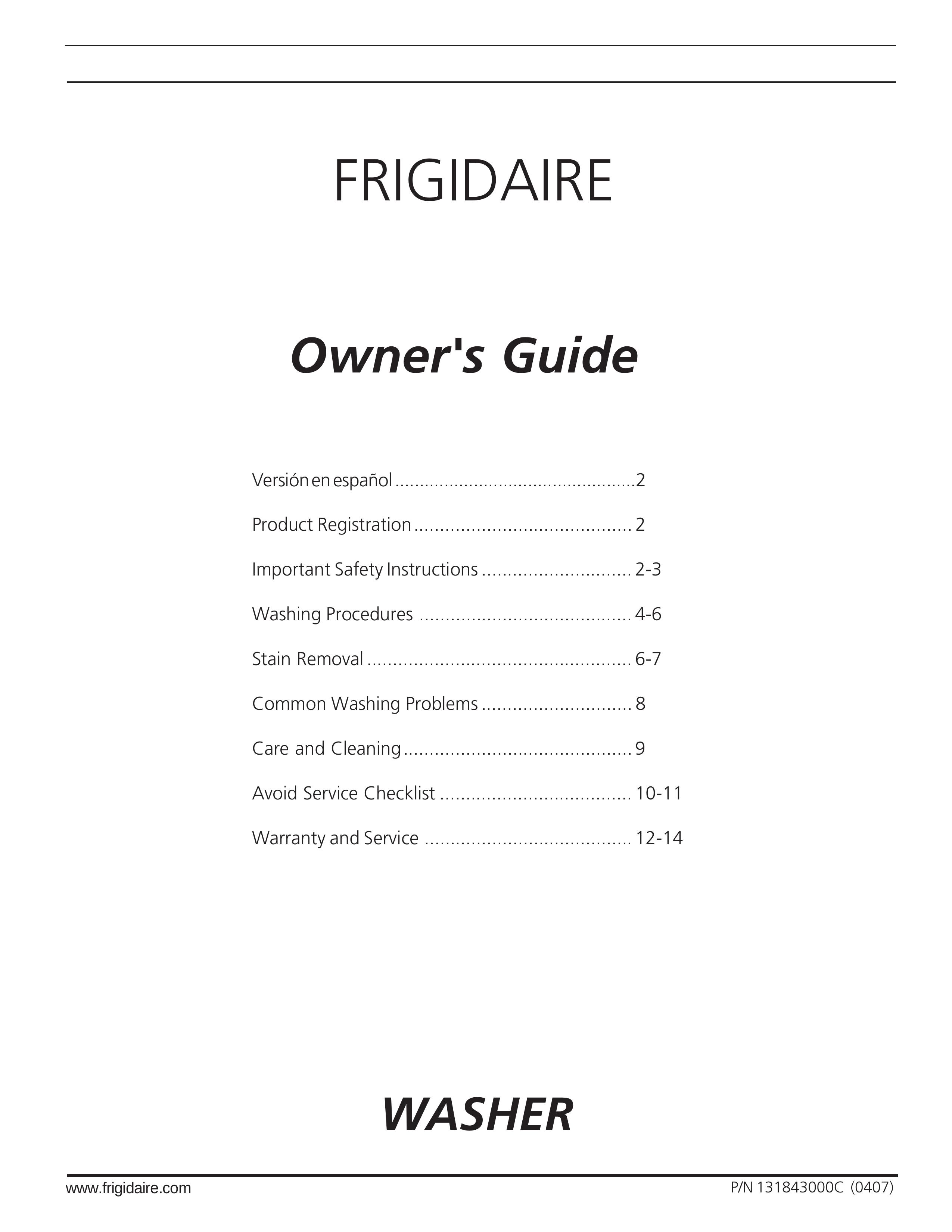 Frigidaire 131843000C Washer User Manual