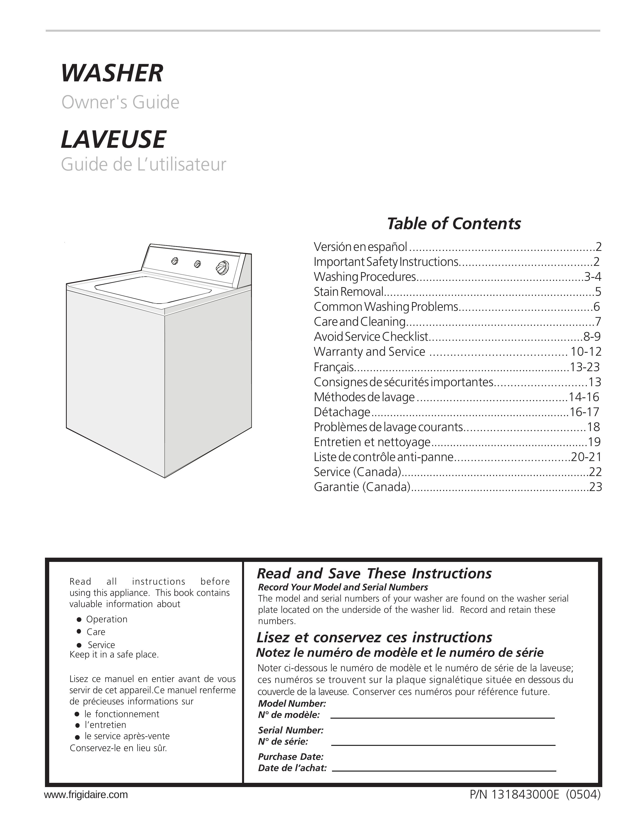 Frigidaire 131843000E Washer User Manual