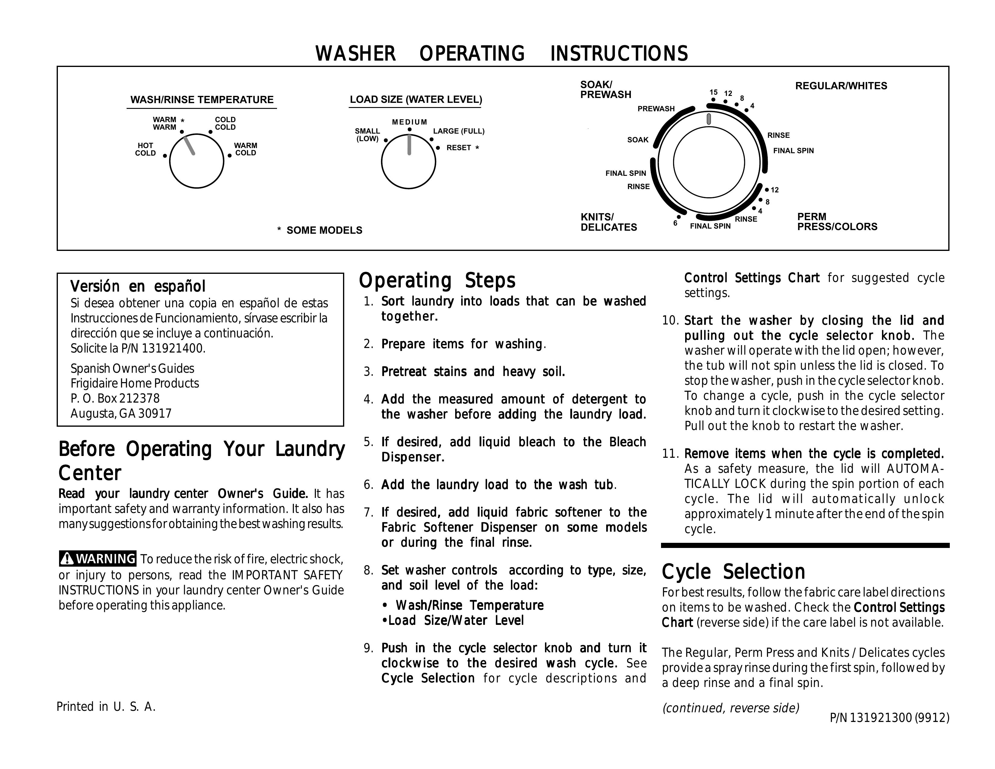 Frigidaire 131921300 (9912) Washer User Manual