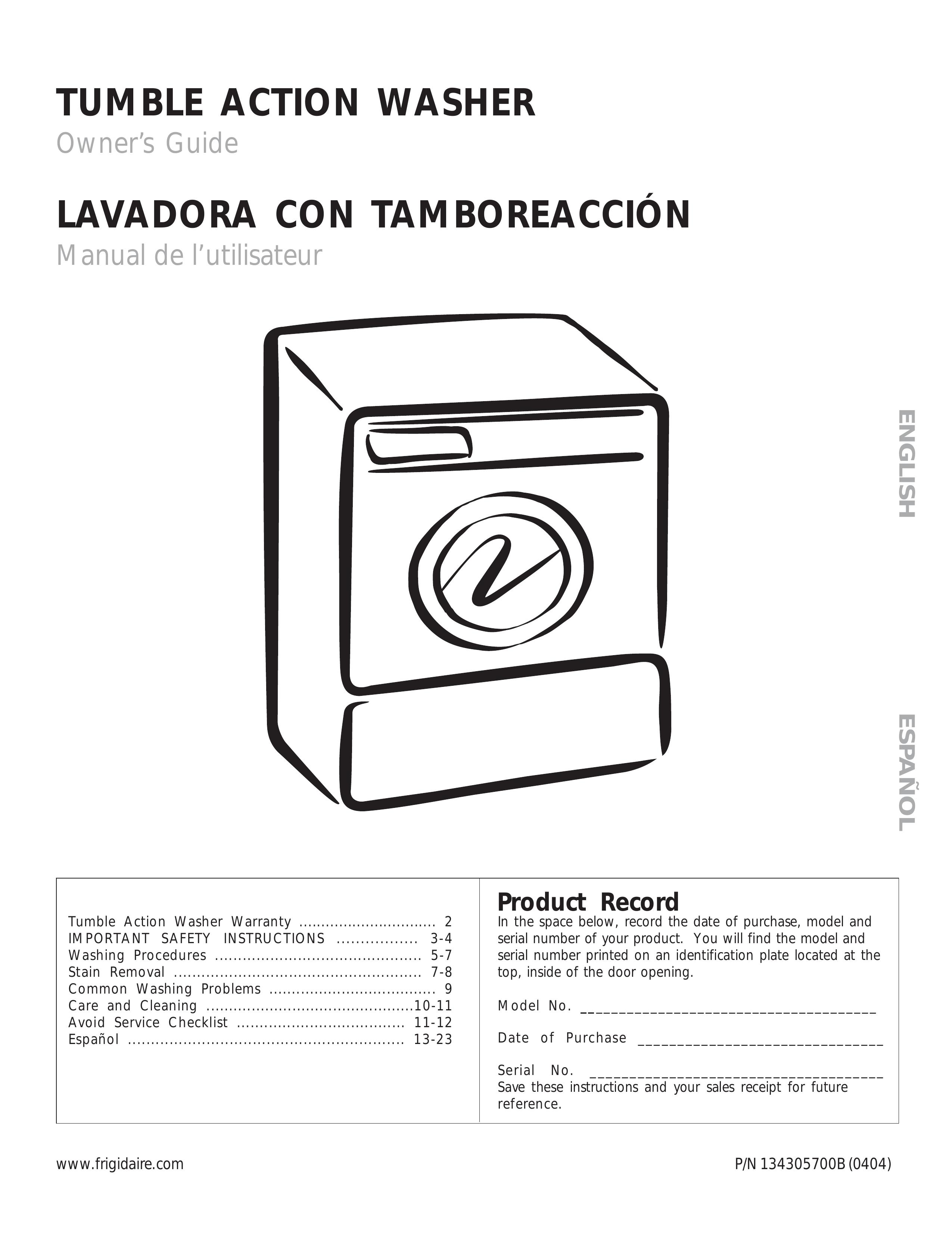 Frigidaire 134305700B Washer User Manual