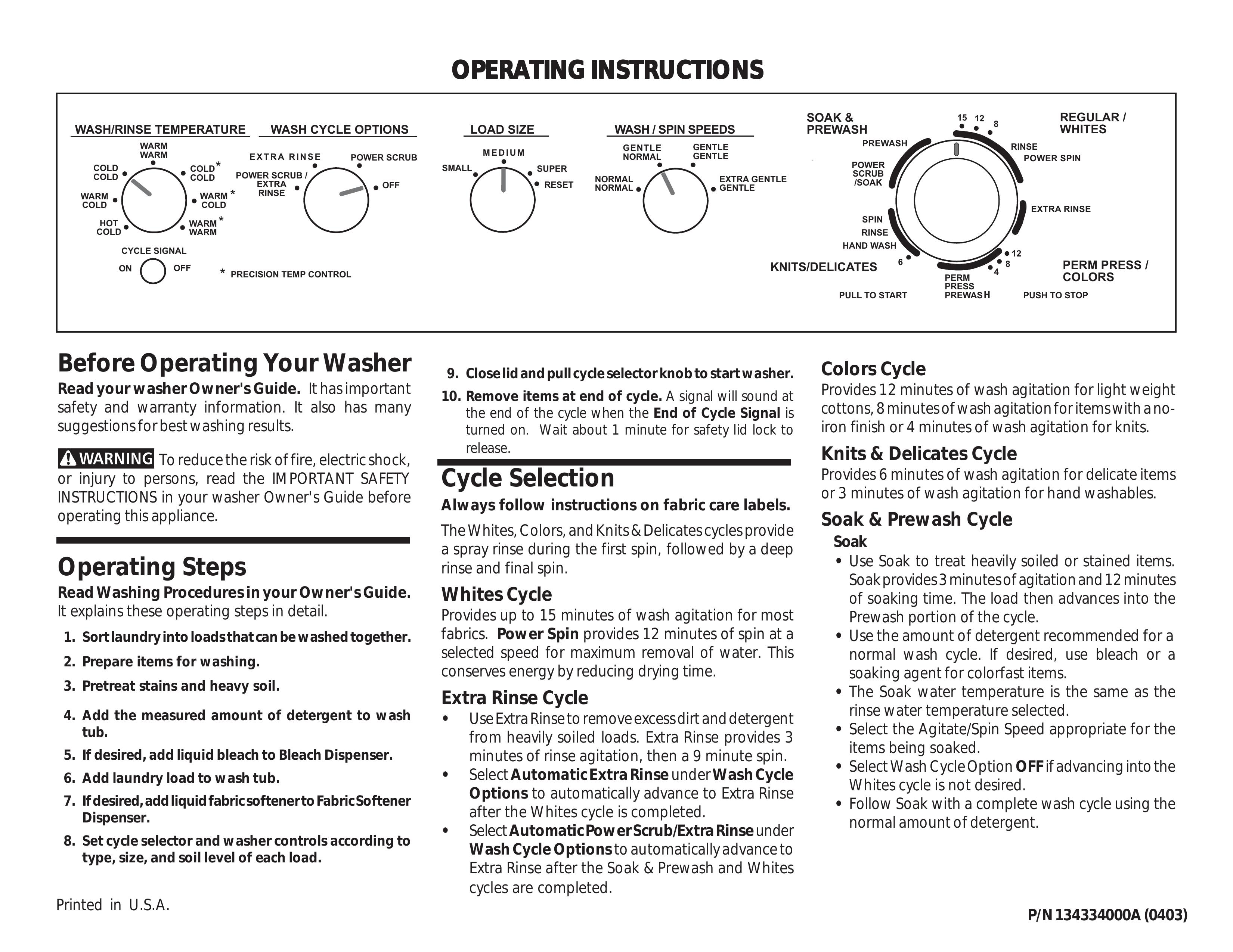 Frigidaire 134334000A (0403) Washer User Manual