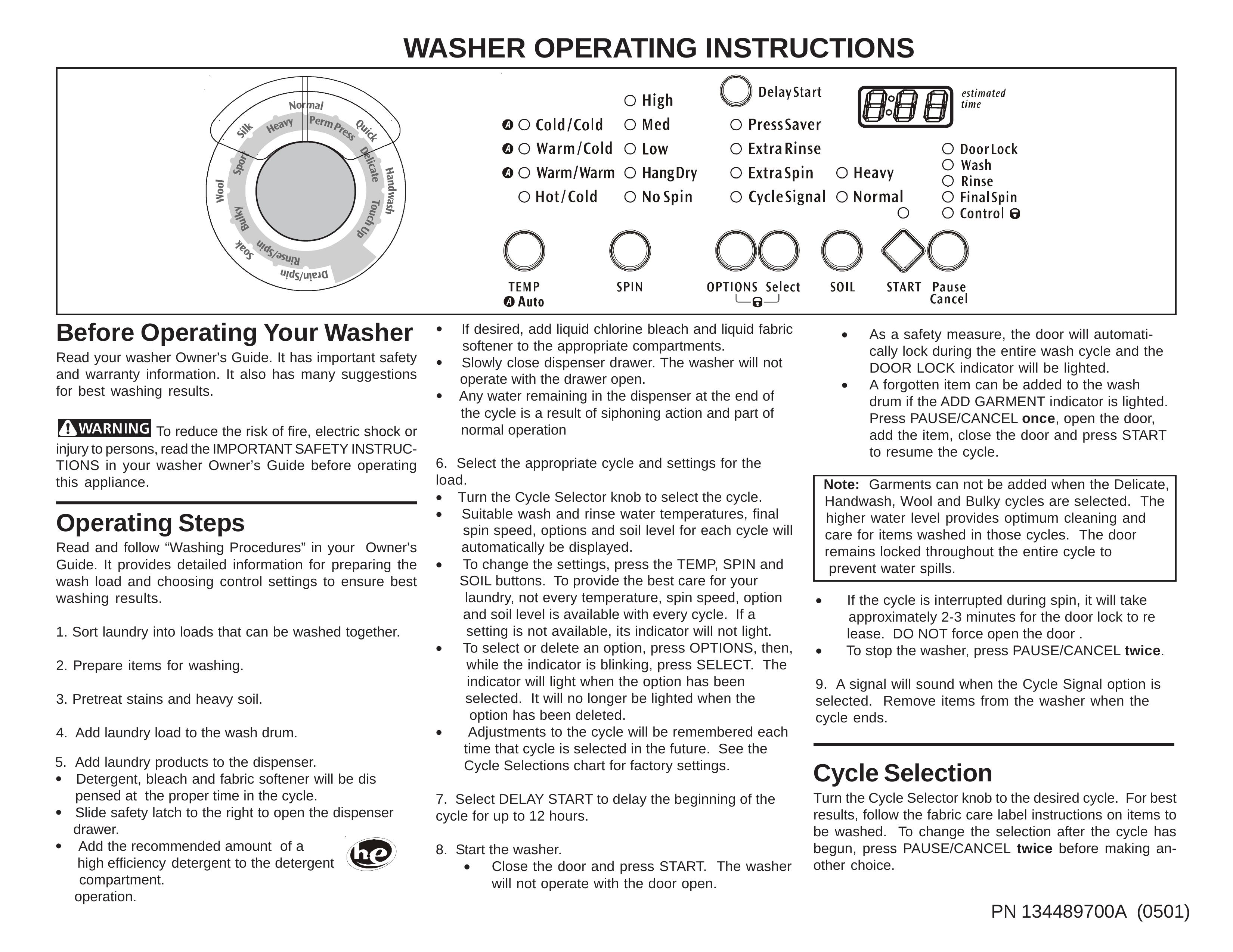 Frigidaire 134489700A (0501) Washer User Manual