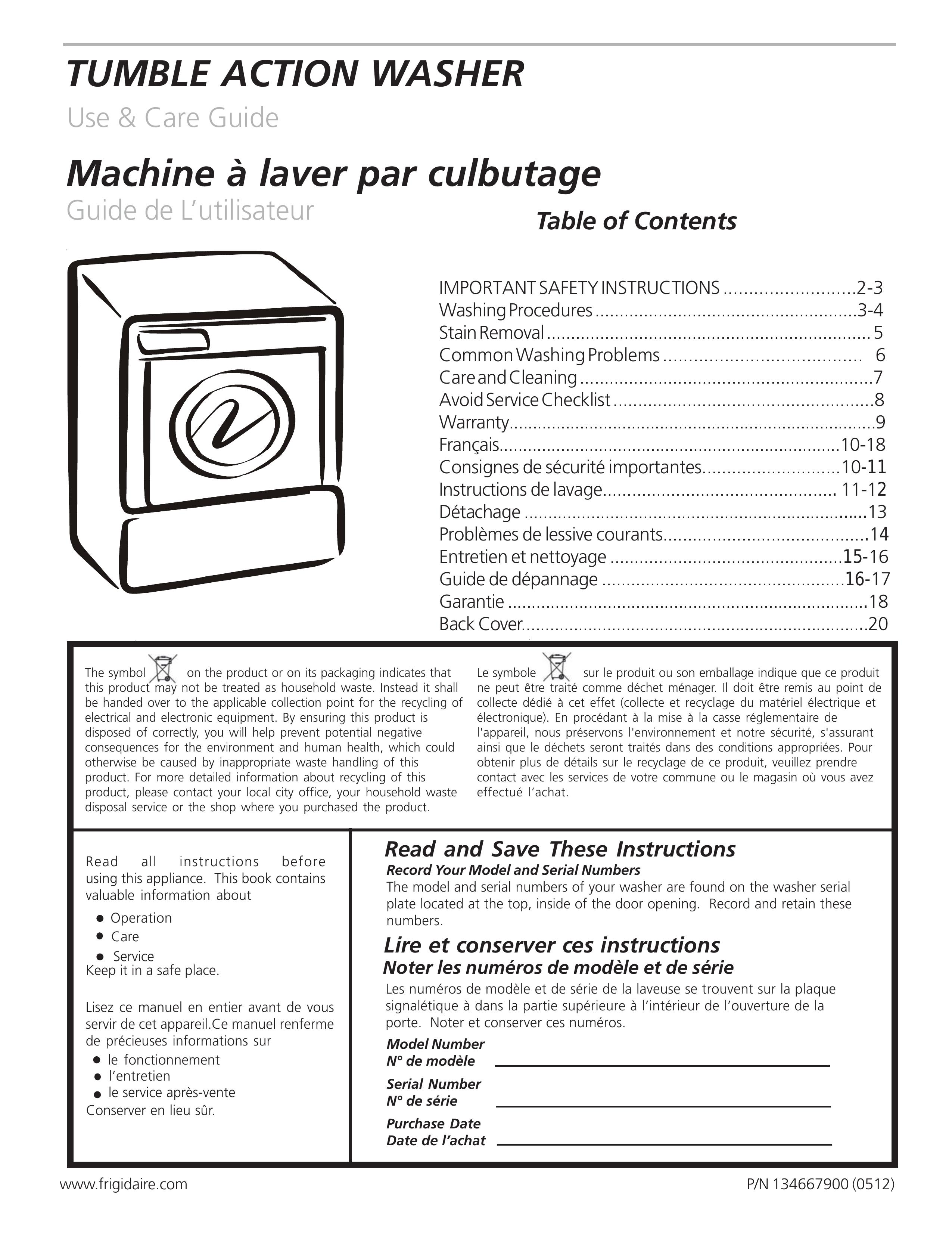 Frigidaire 134667900 Washer User Manual