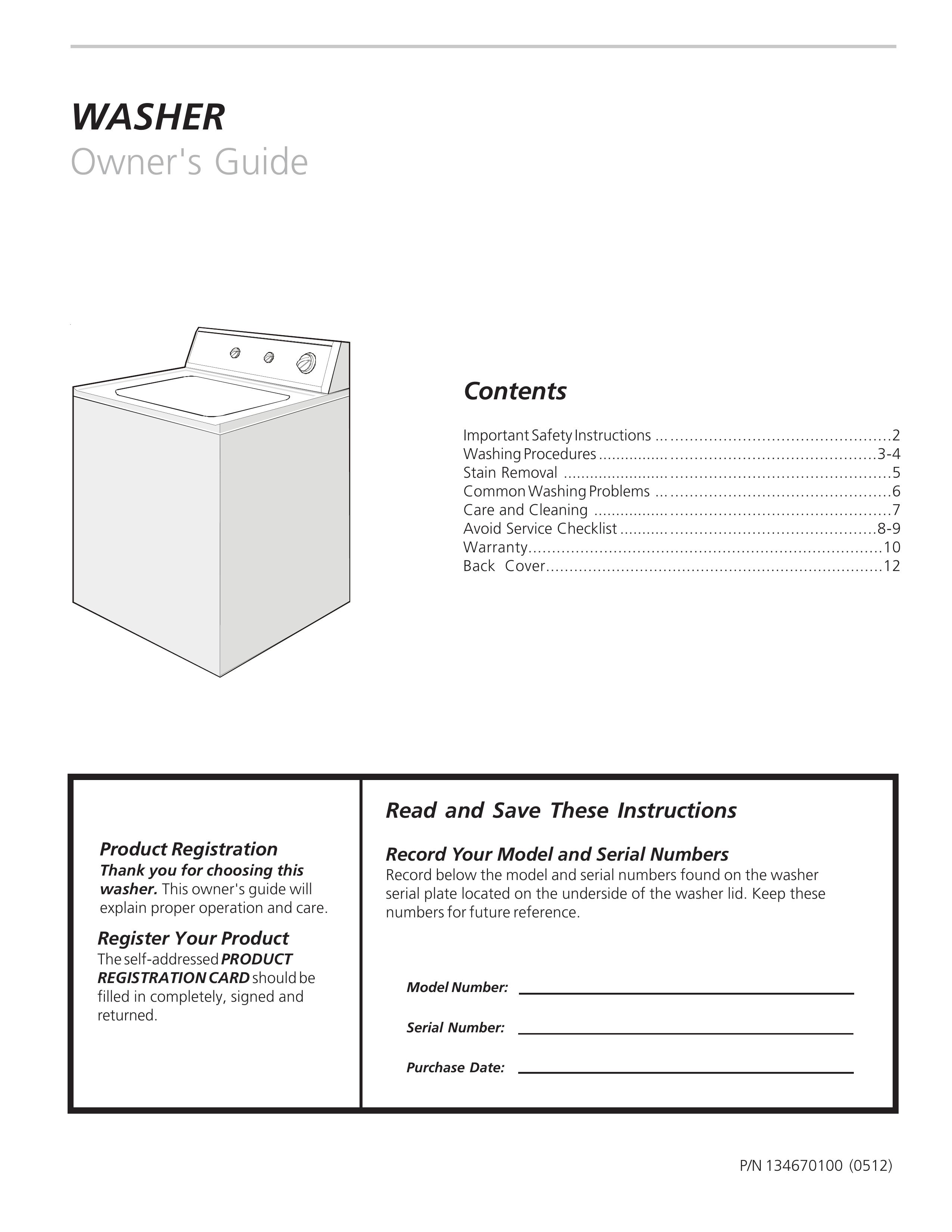 Frigidaire 134670100 Washer User Manual