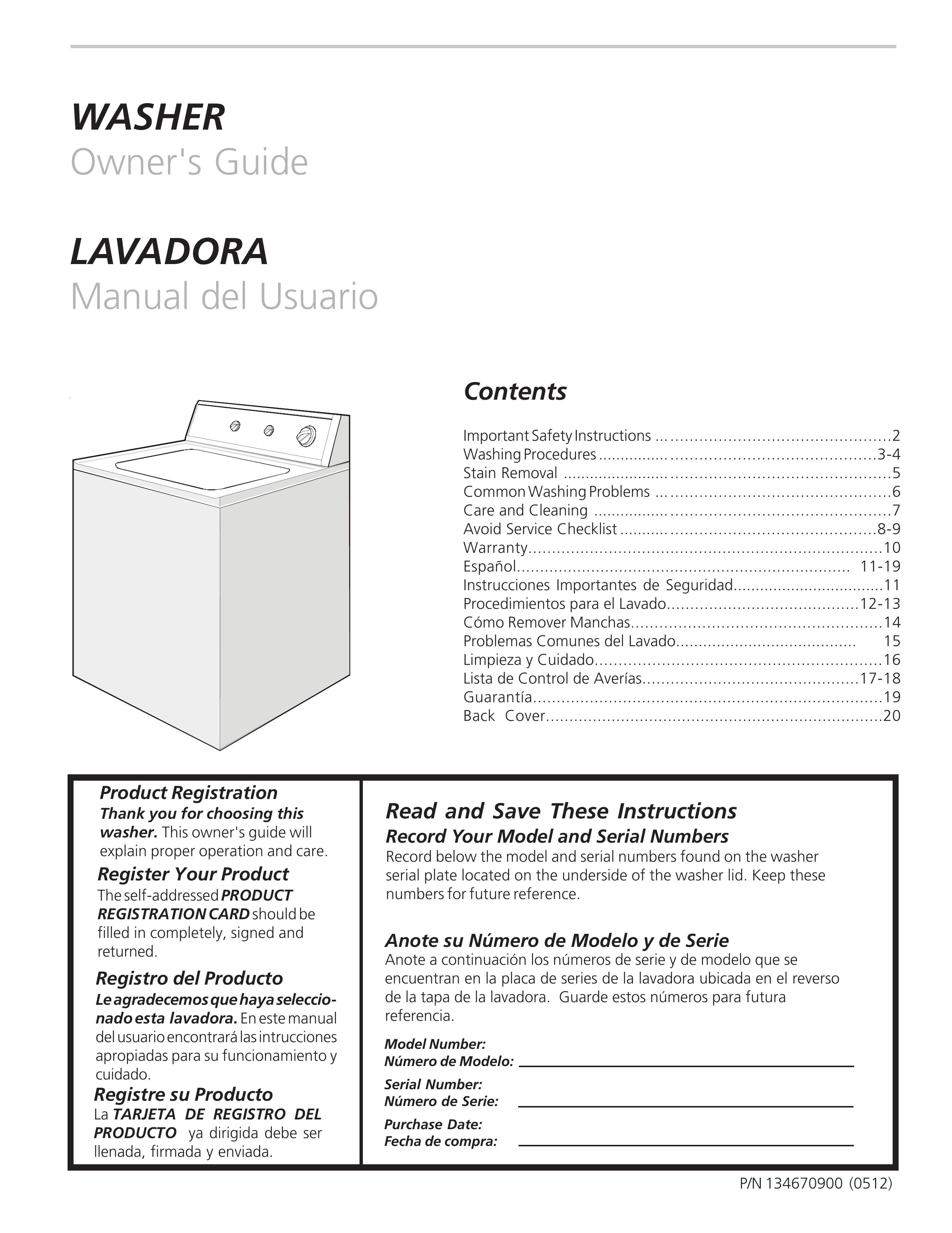 Frigidaire 134670900 Washer User Manual