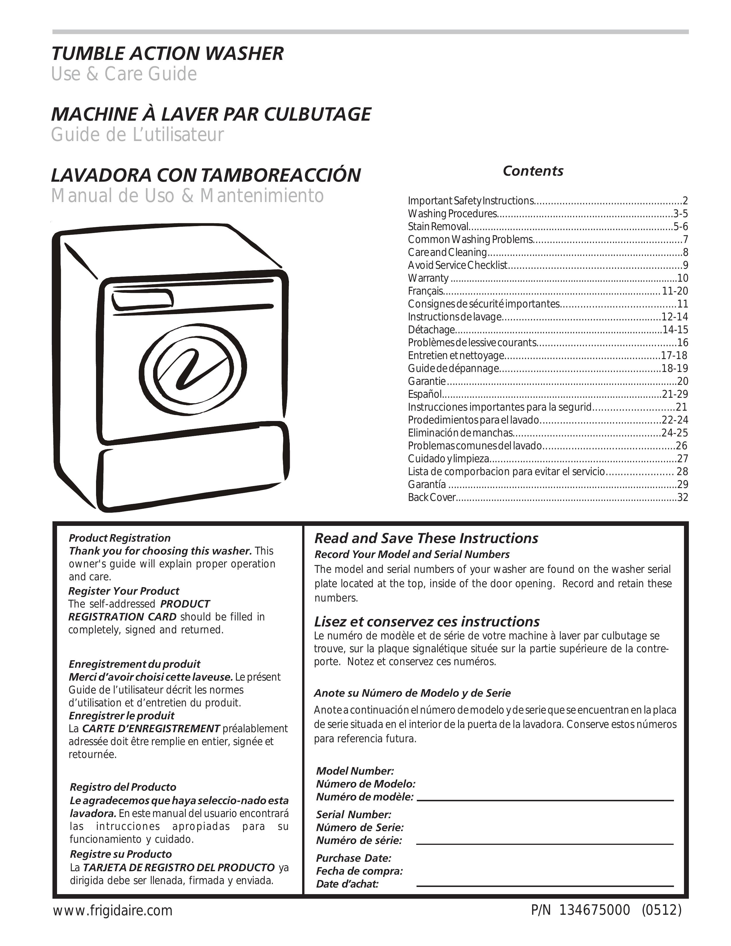 Frigidaire 134675000 Washer User Manual