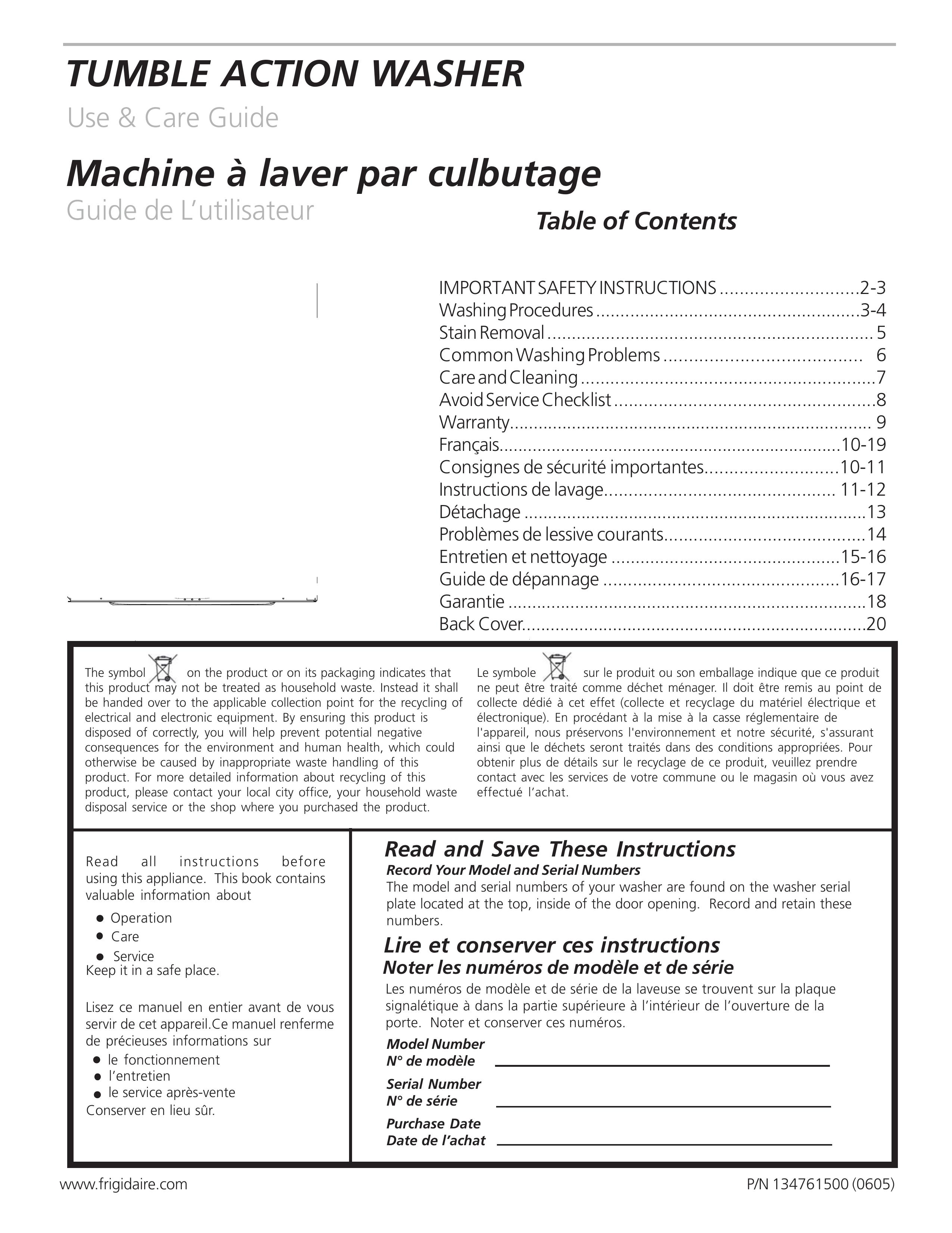Frigidaire 134761500 Washer User Manual