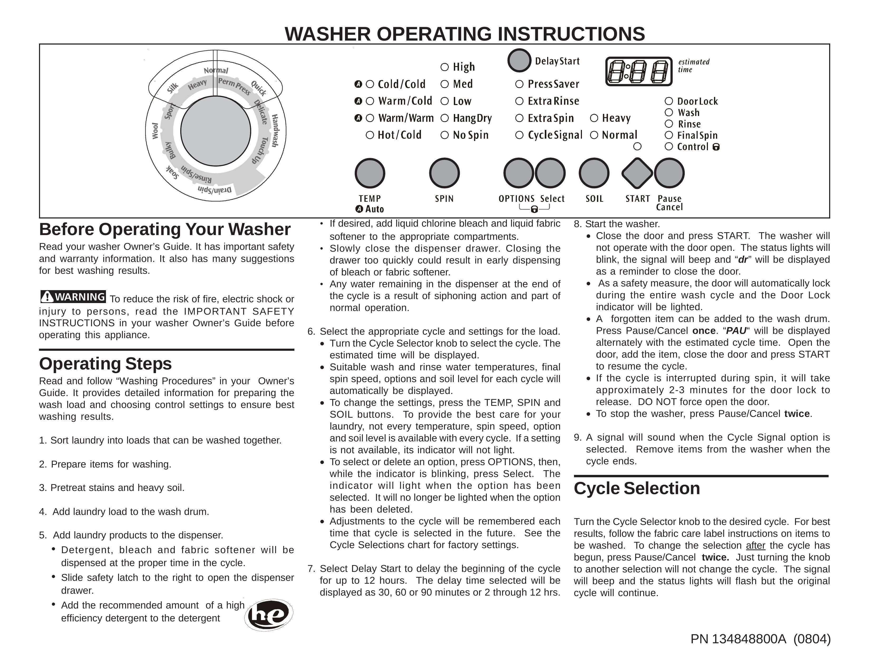 Frigidaire 134848800A Washer User Manual