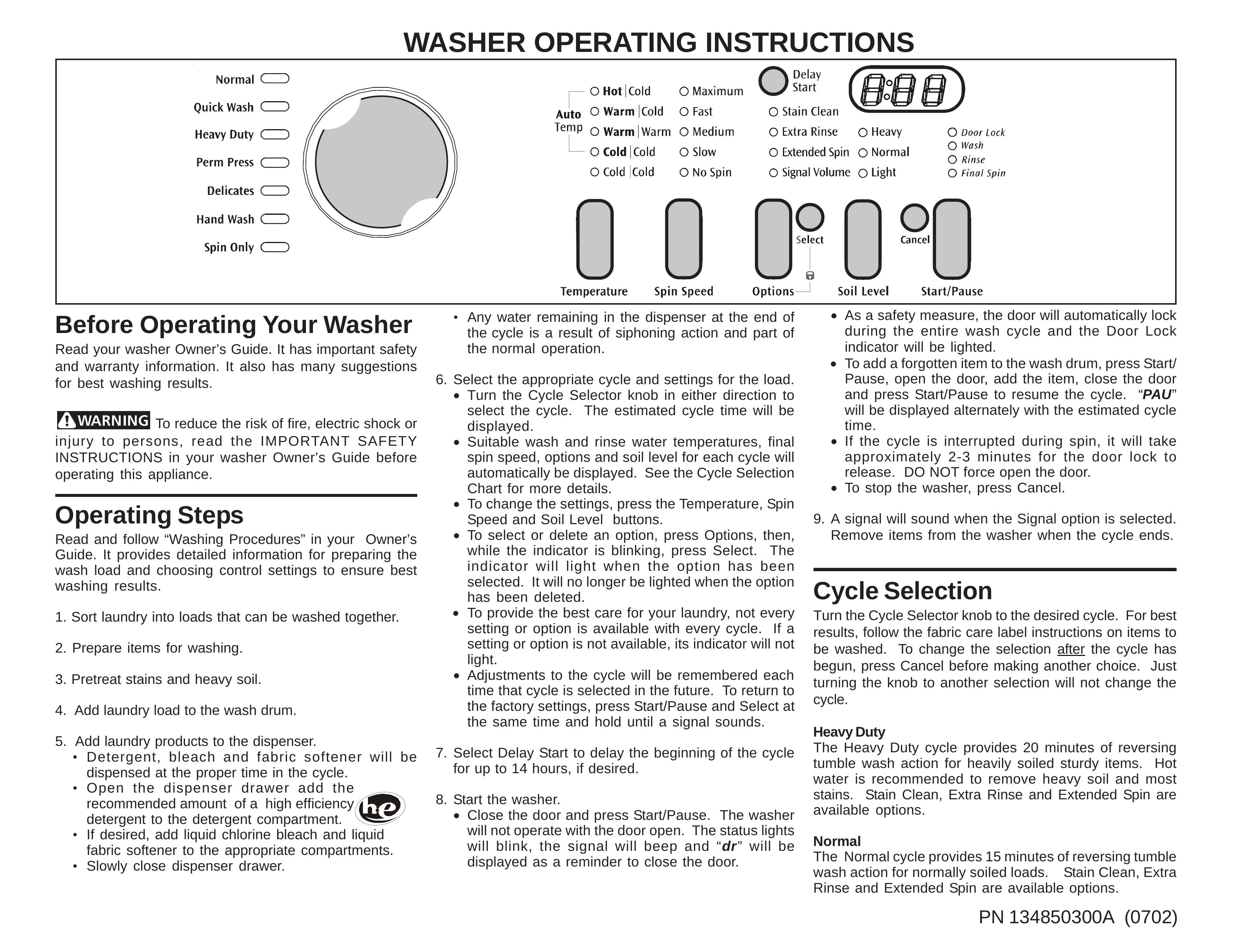 Frigidaire 134850300A (0702) Washer User Manual