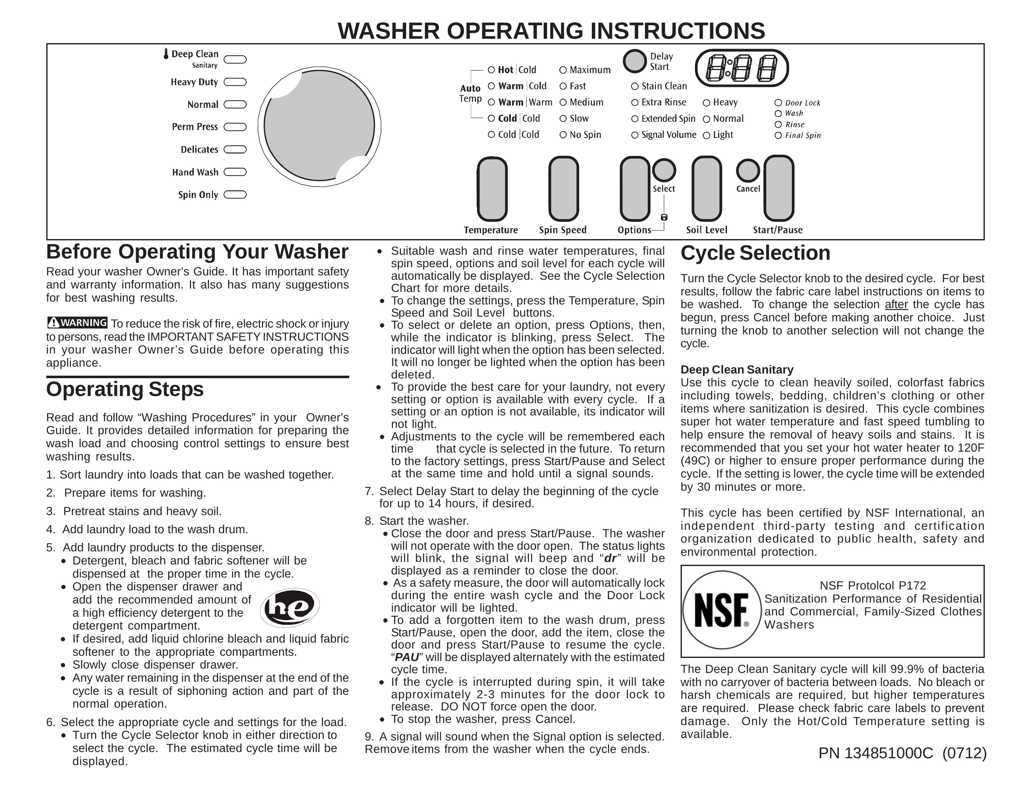 Frigidaire 134851000C (0712) Washer User Manual