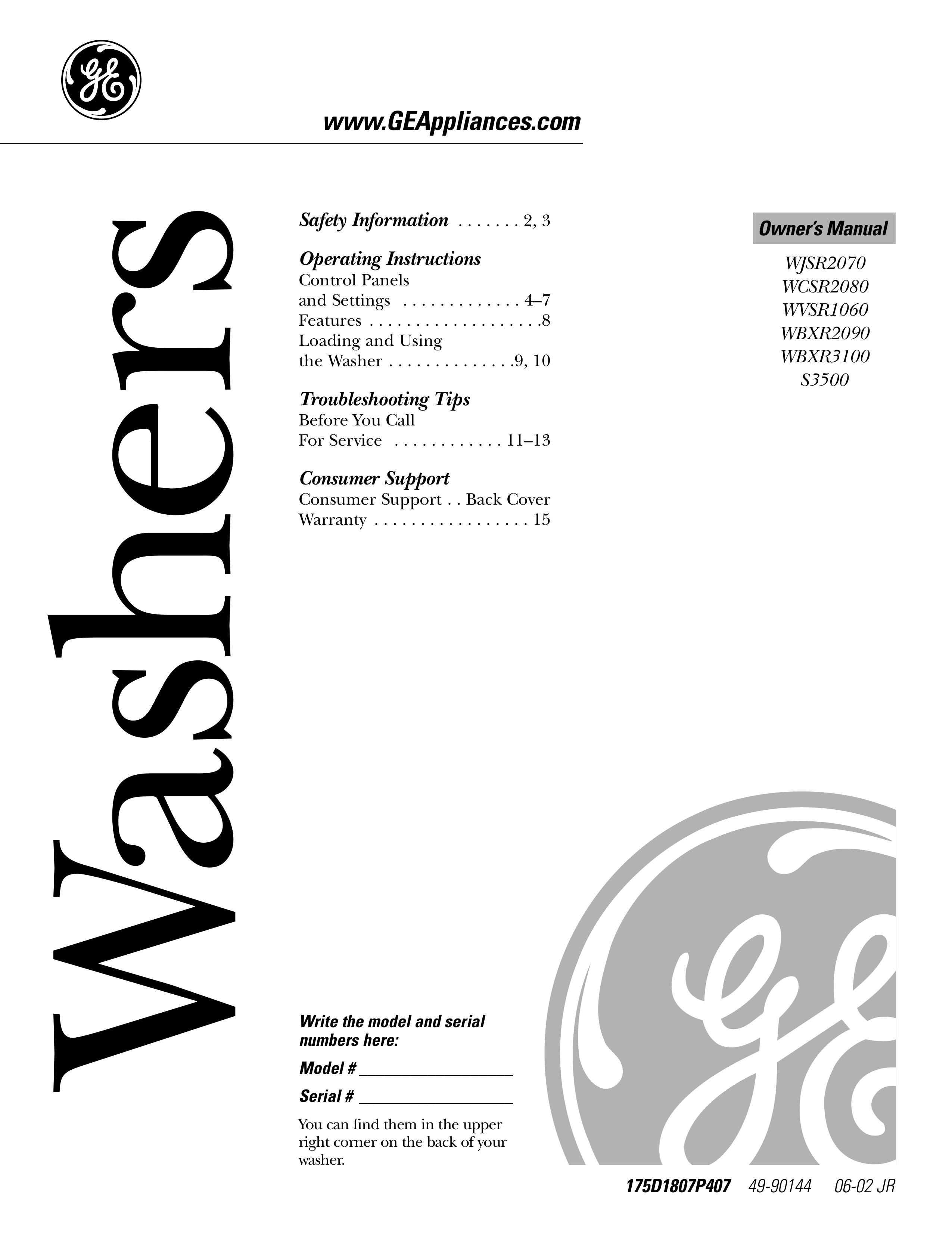 GE 175D1807P407 Washer User Manual