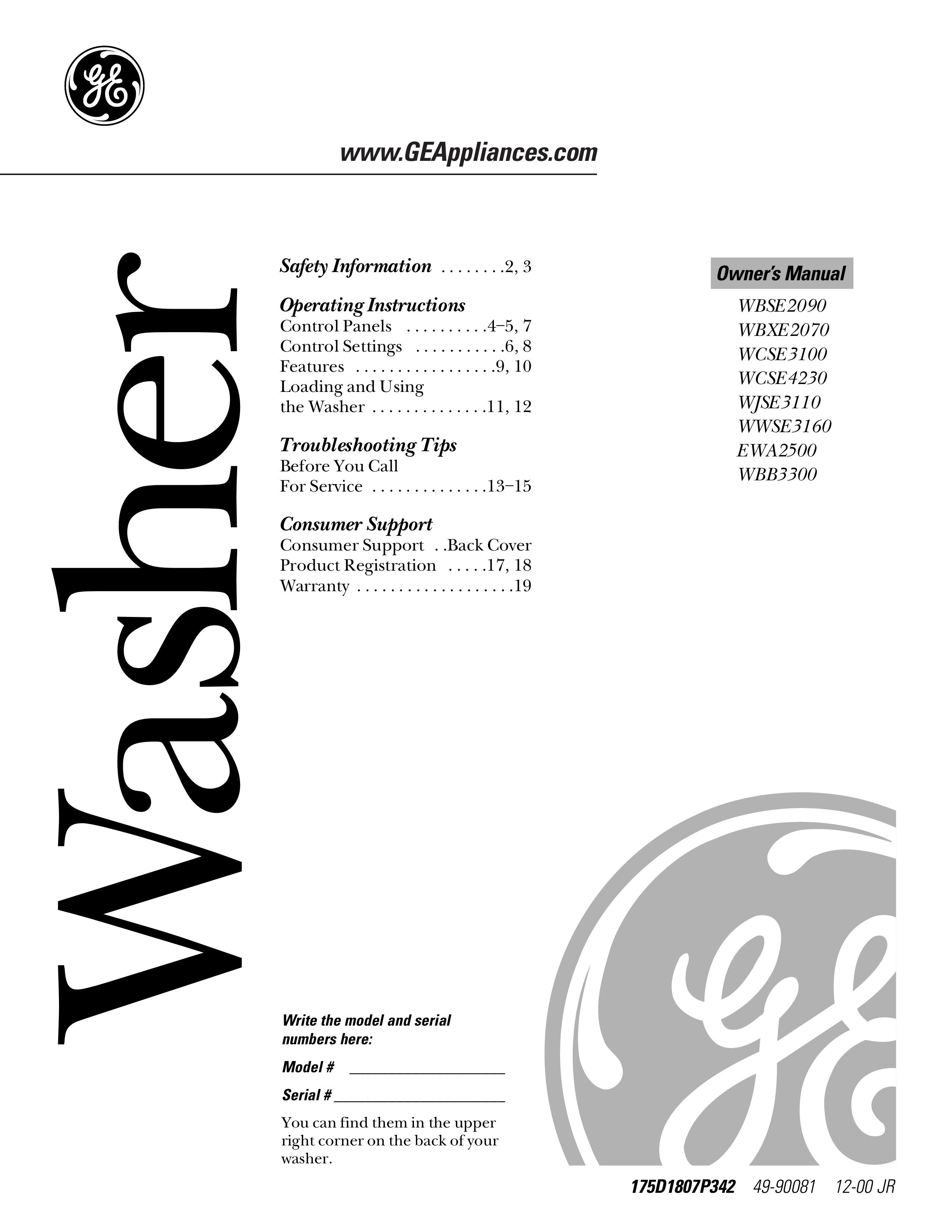 GE EWA2500 Washer User Manual