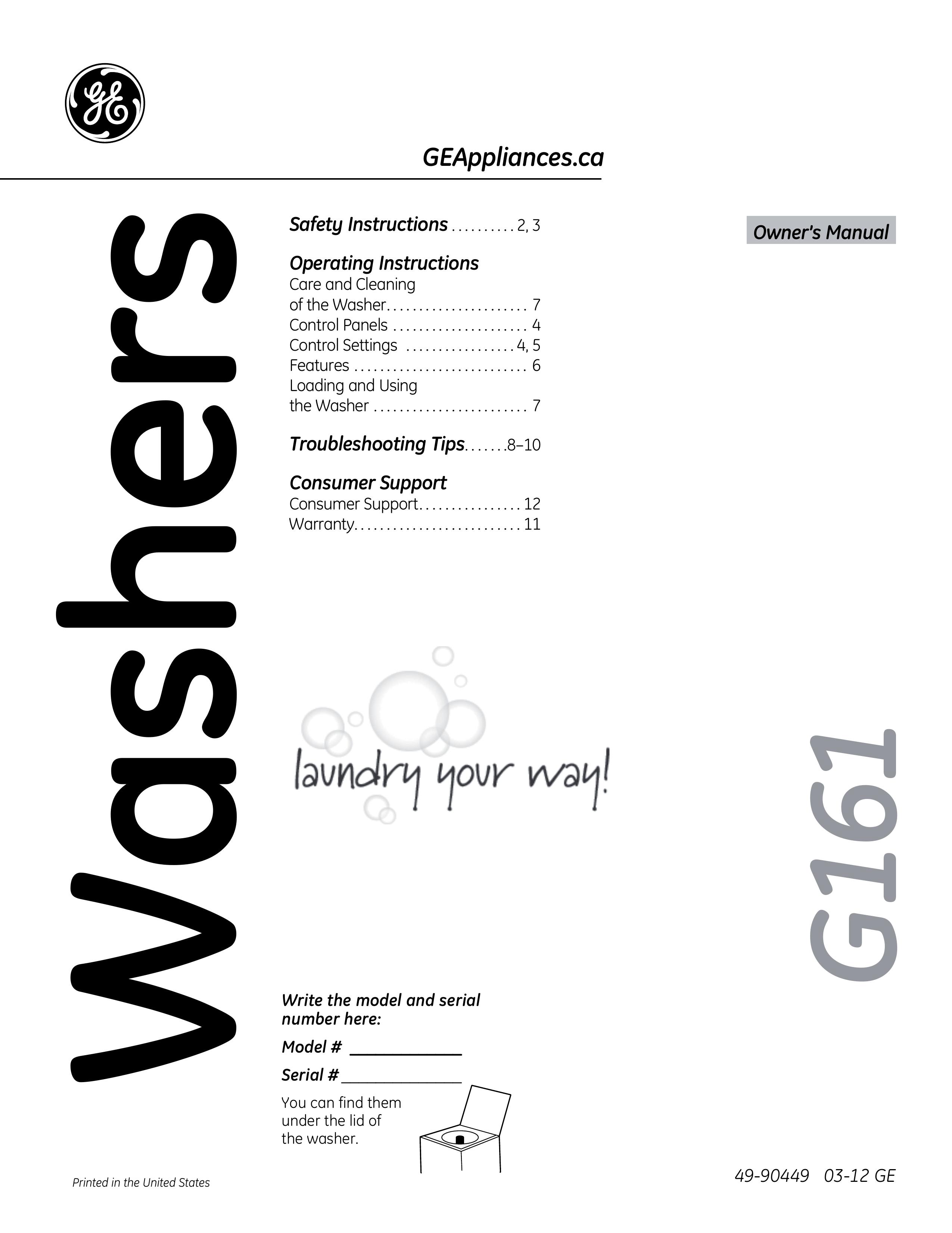 GE G161 Washer User Manual