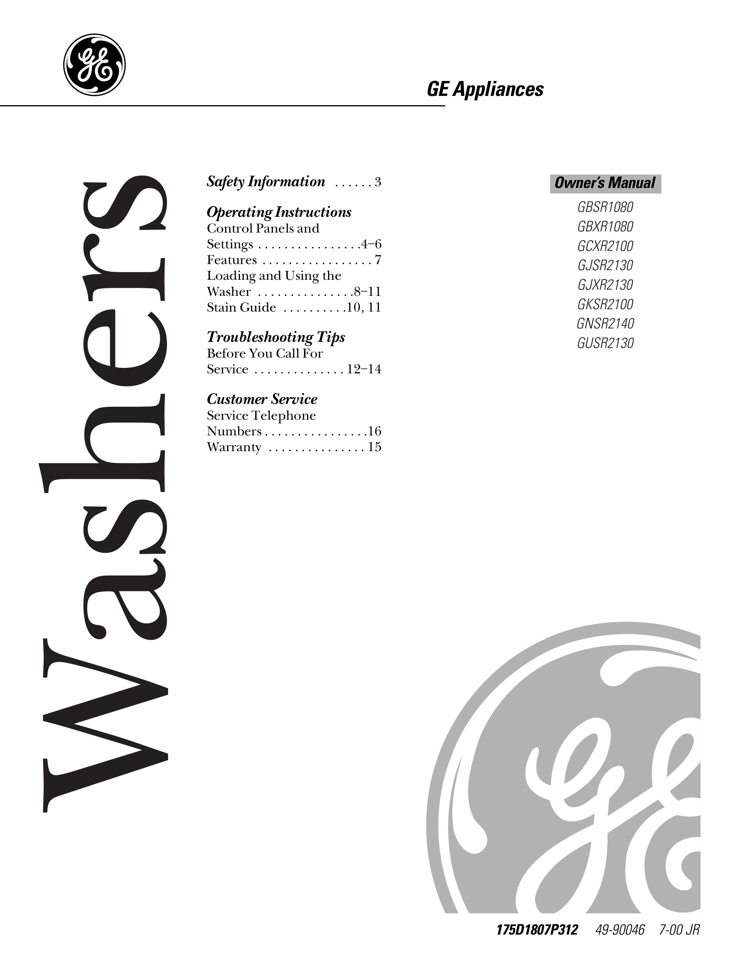 GE GBSR1080 Washer User Manual