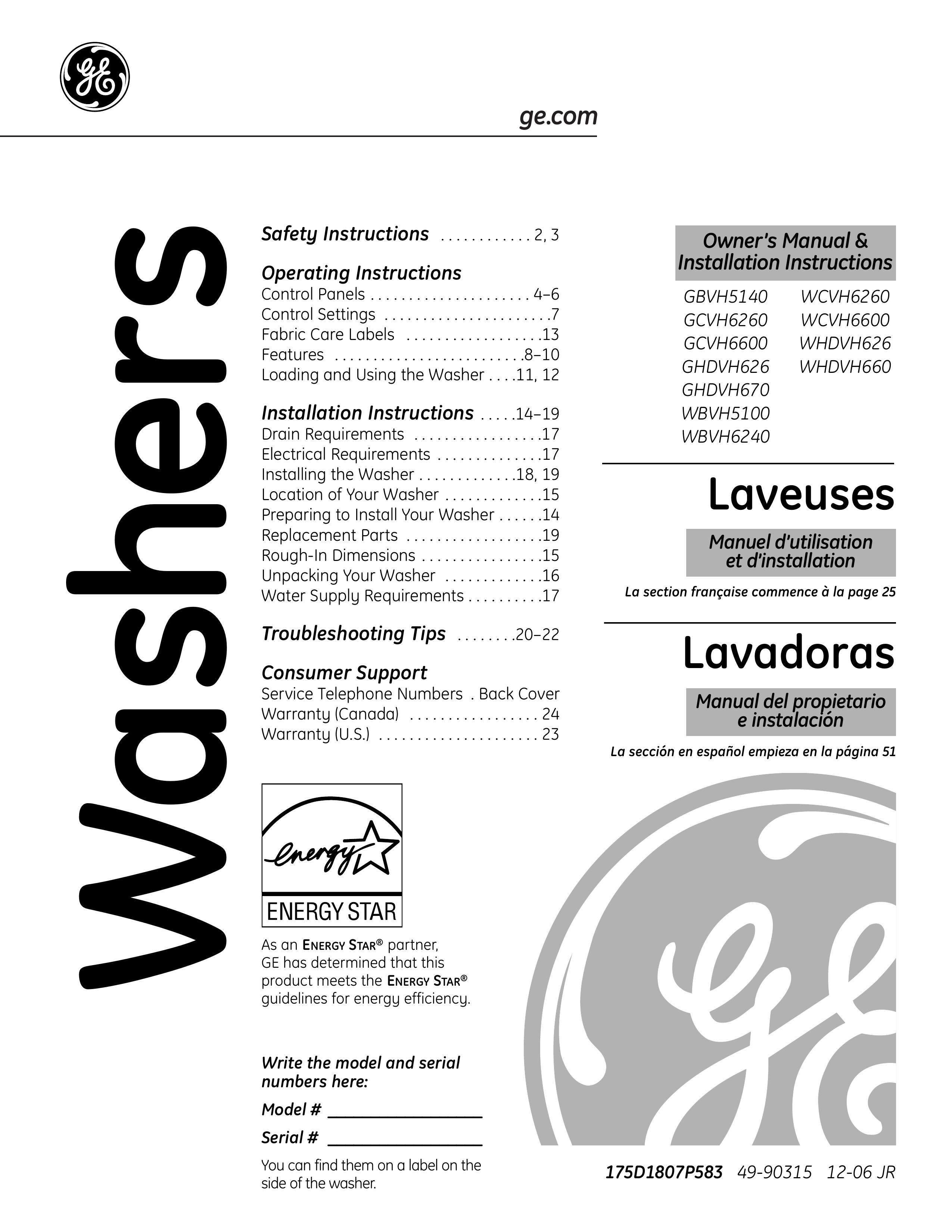 GE GBVH5140 Washer User Manual