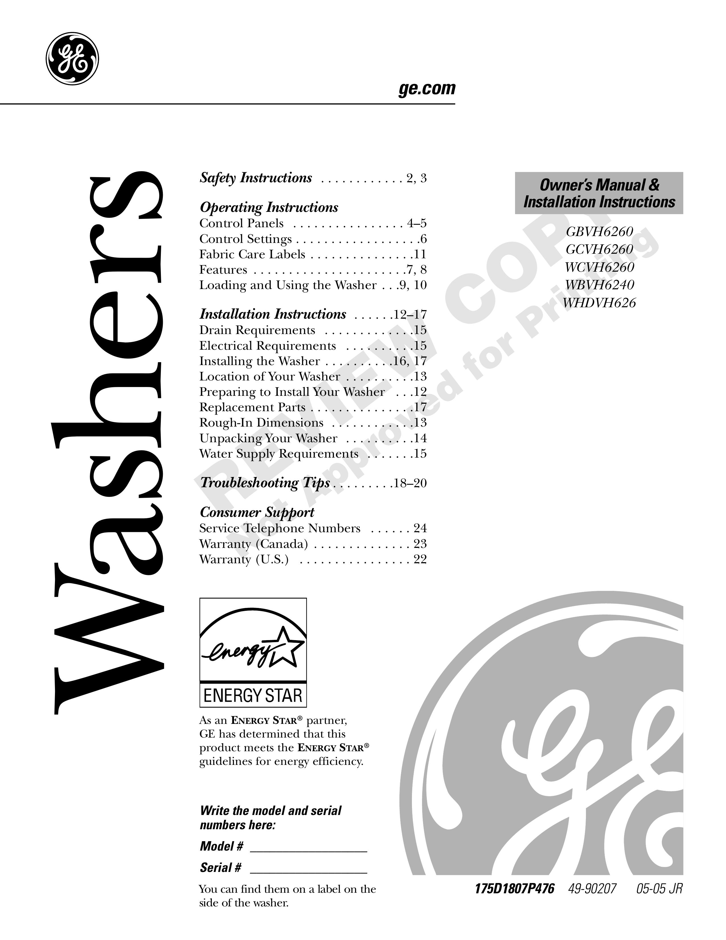 GE GBVH6260 Washer User Manual