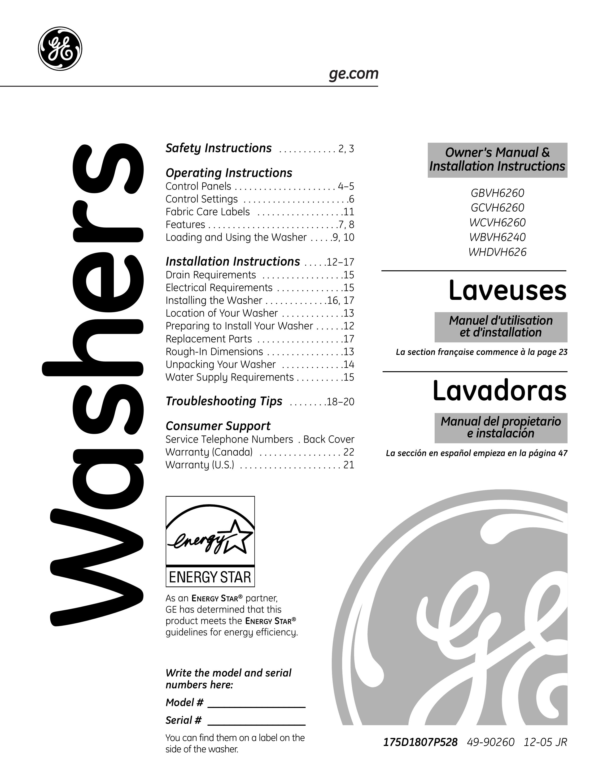 GE GCVH6260 Washer User Manual