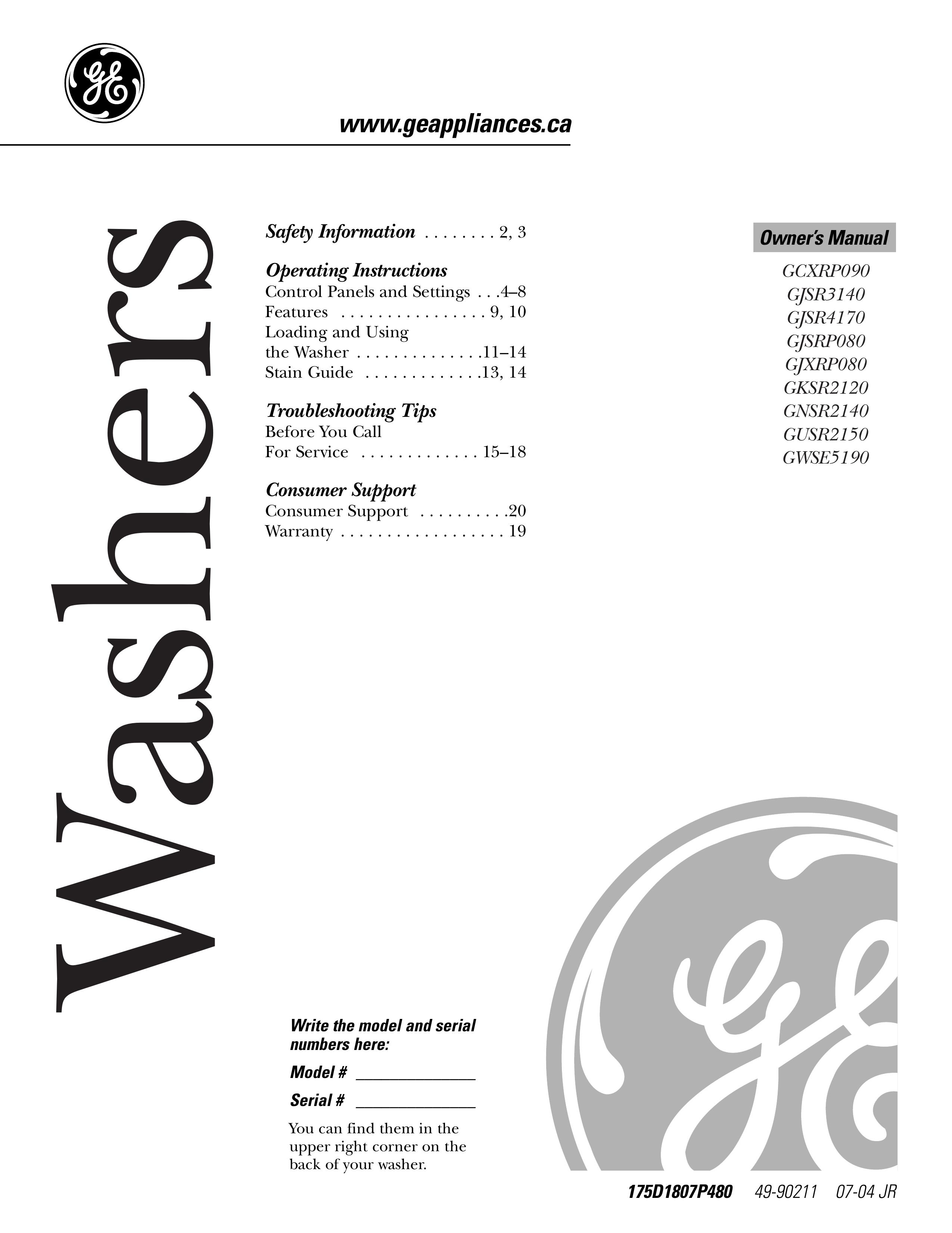 GE GCXRP090 Washer User Manual