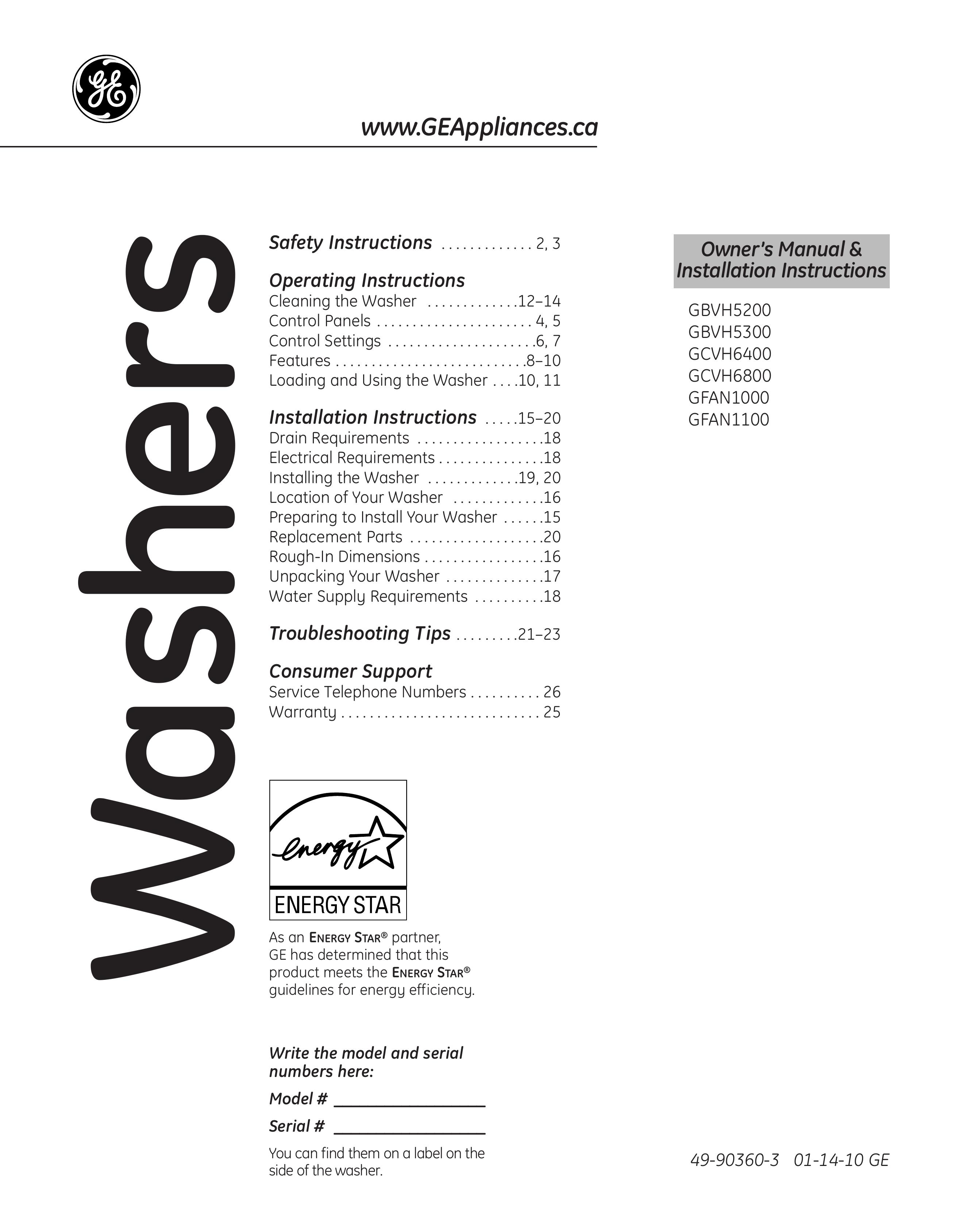 GE GFAN1100 Washer User Manual