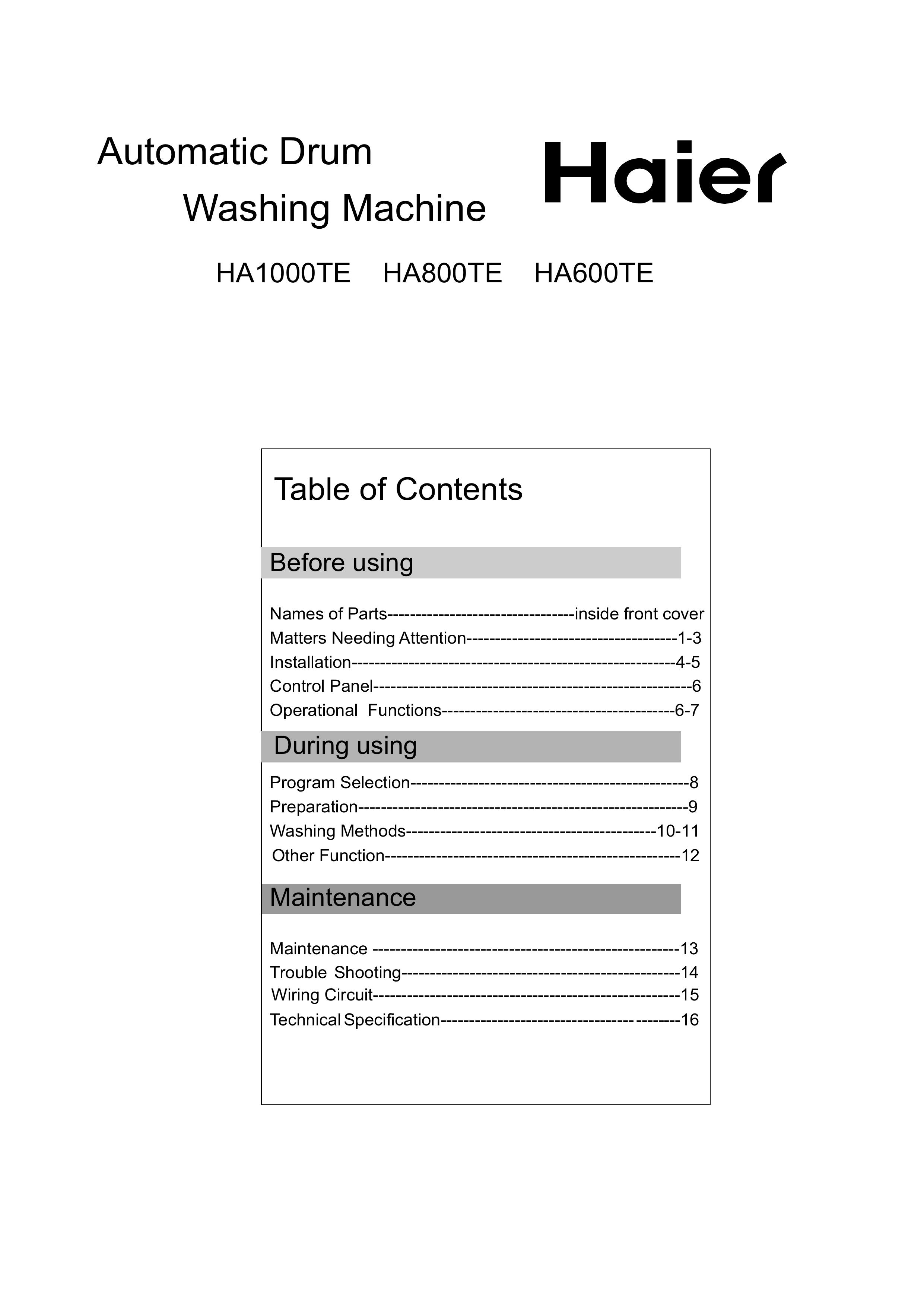 Haier HA1000TE Washer User Manual