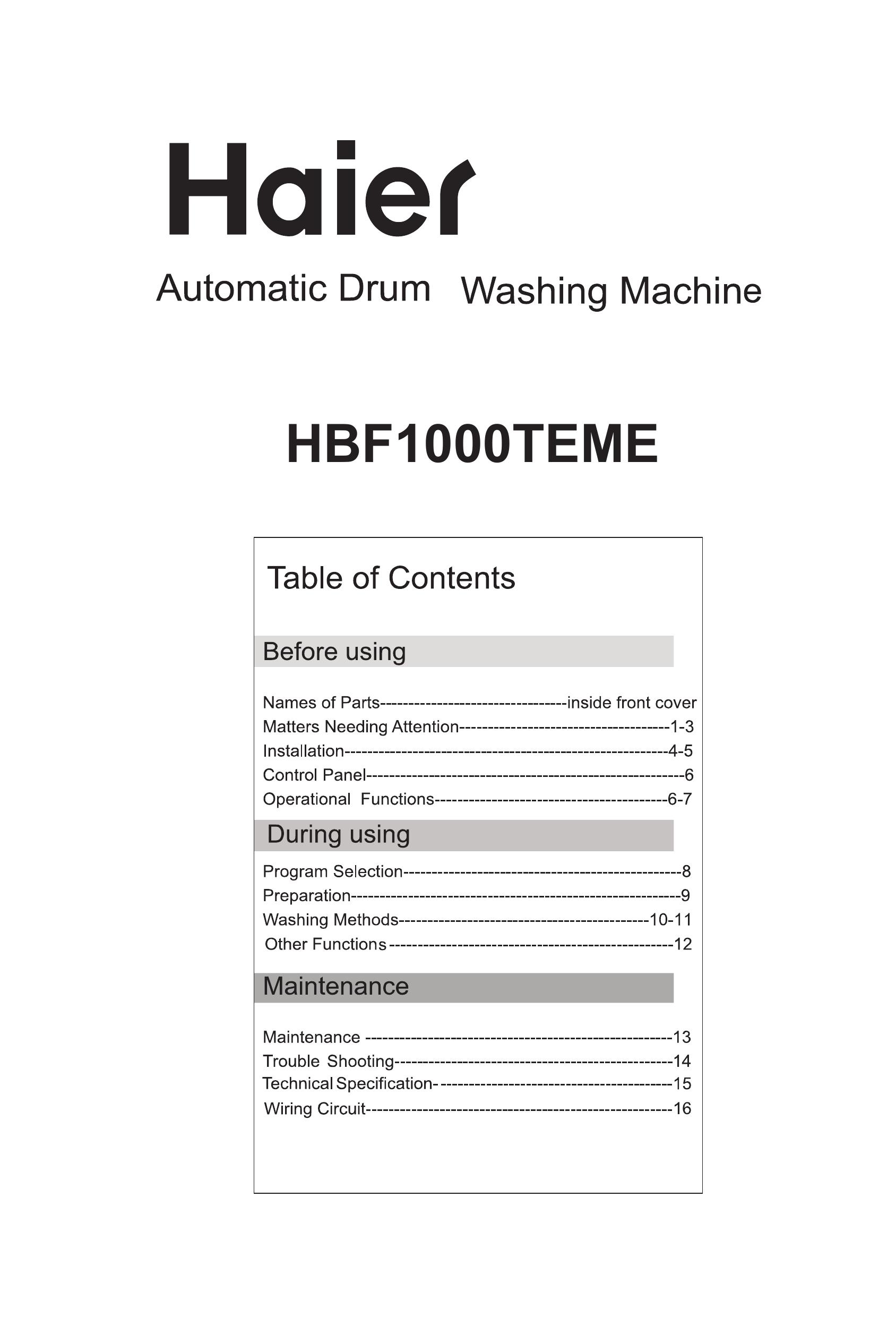 Haier HBF1000TEME Washer User Manual