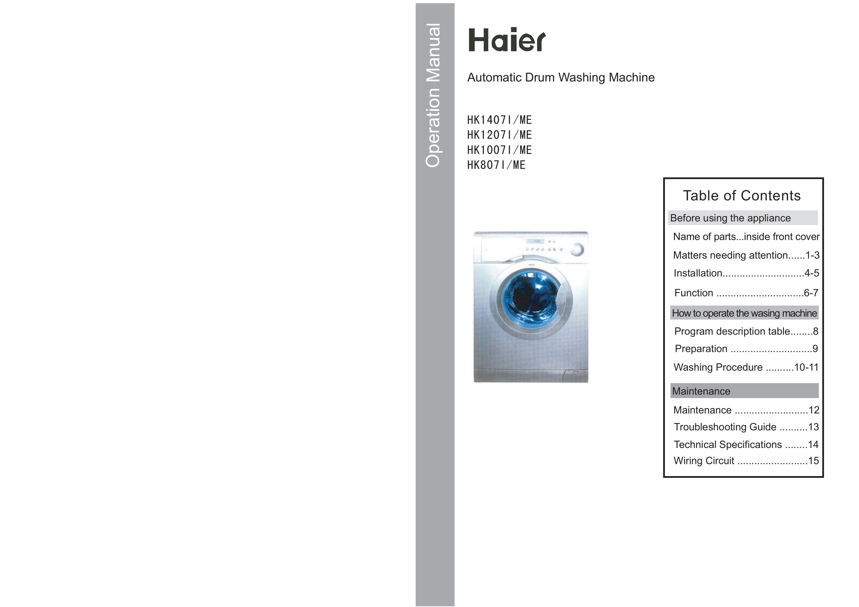 Haier HK1007I/ME Washer User Manual