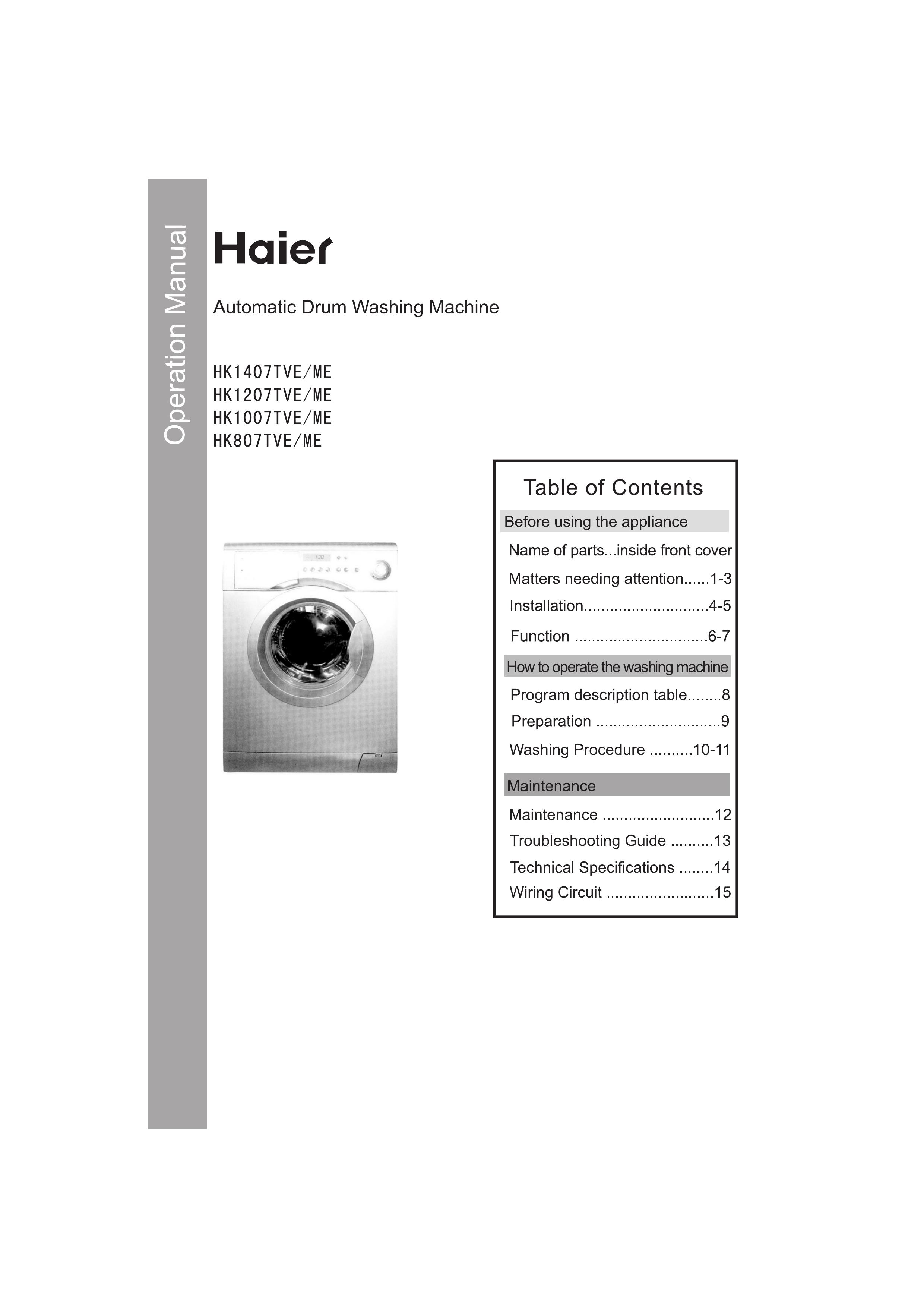 Haier HK1007TVE/ME Washer User Manual