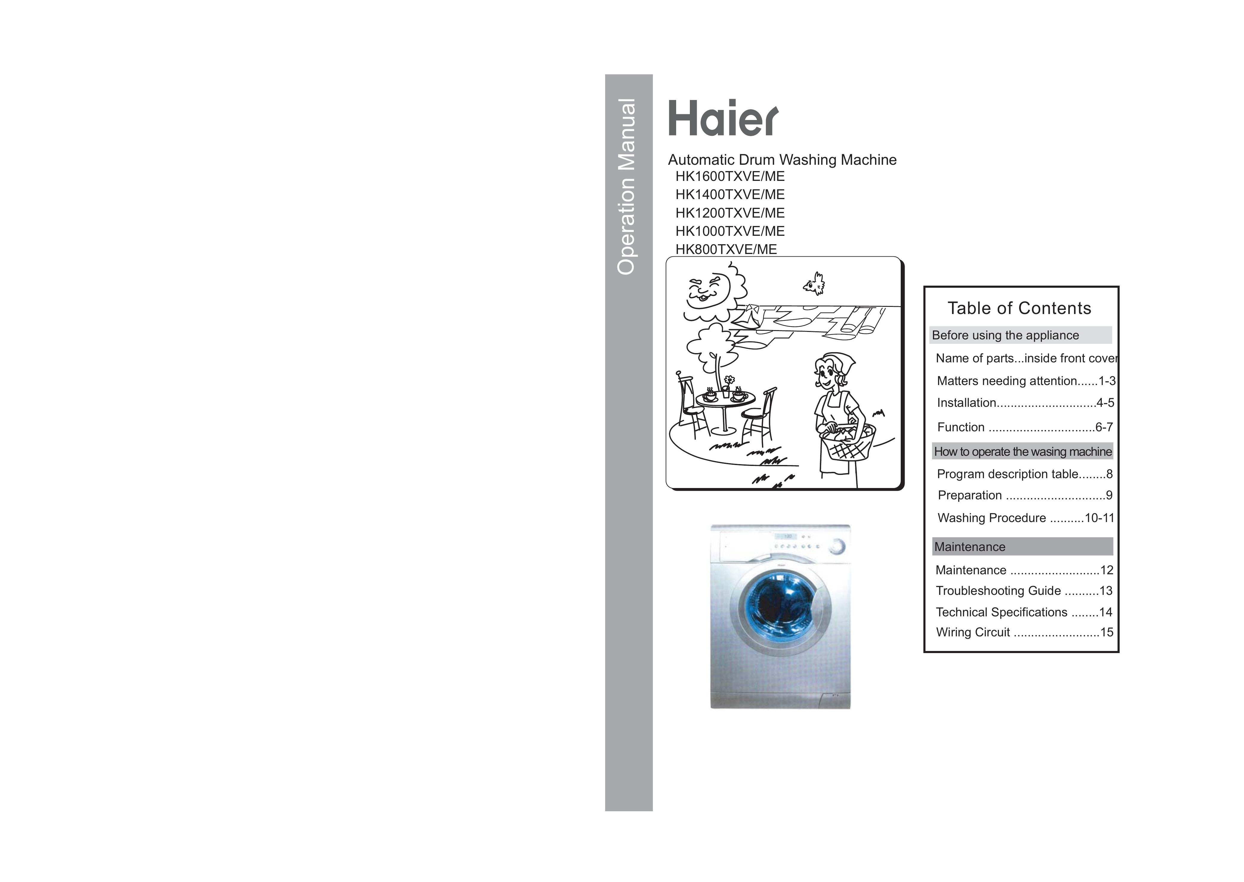Haier HK1200TXVE/ME Washer User Manual