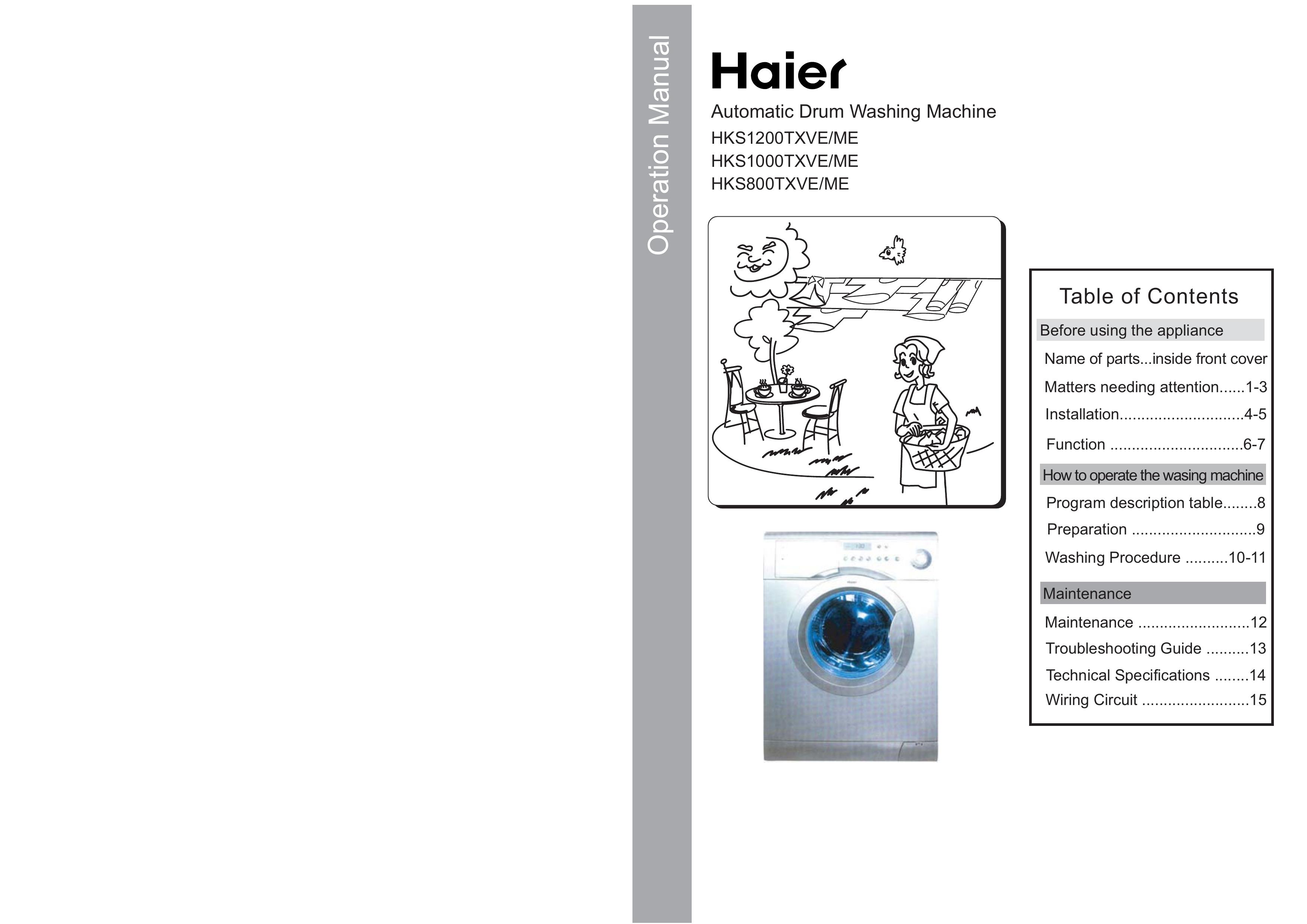 Haier HKS1000TXVE, HKS1000TXME Washer User Manual