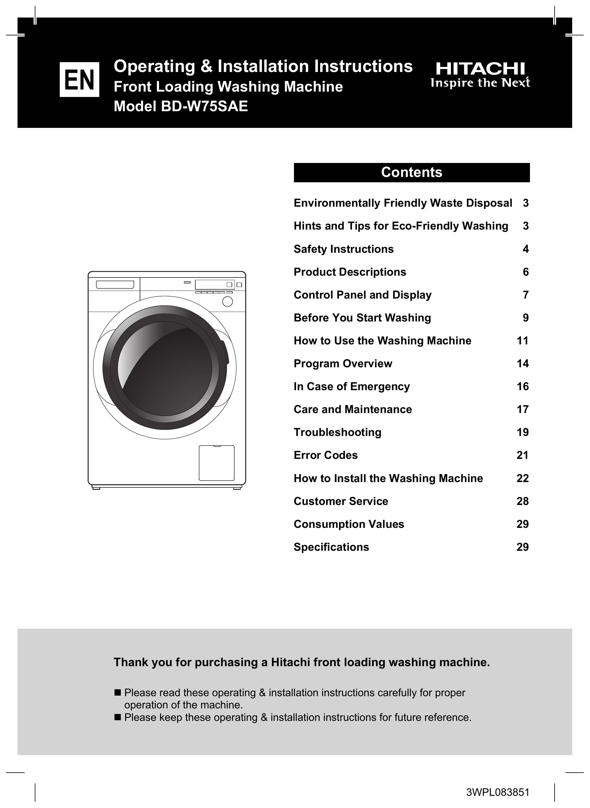 Hitachi BD-W75SAE Washer User Manual