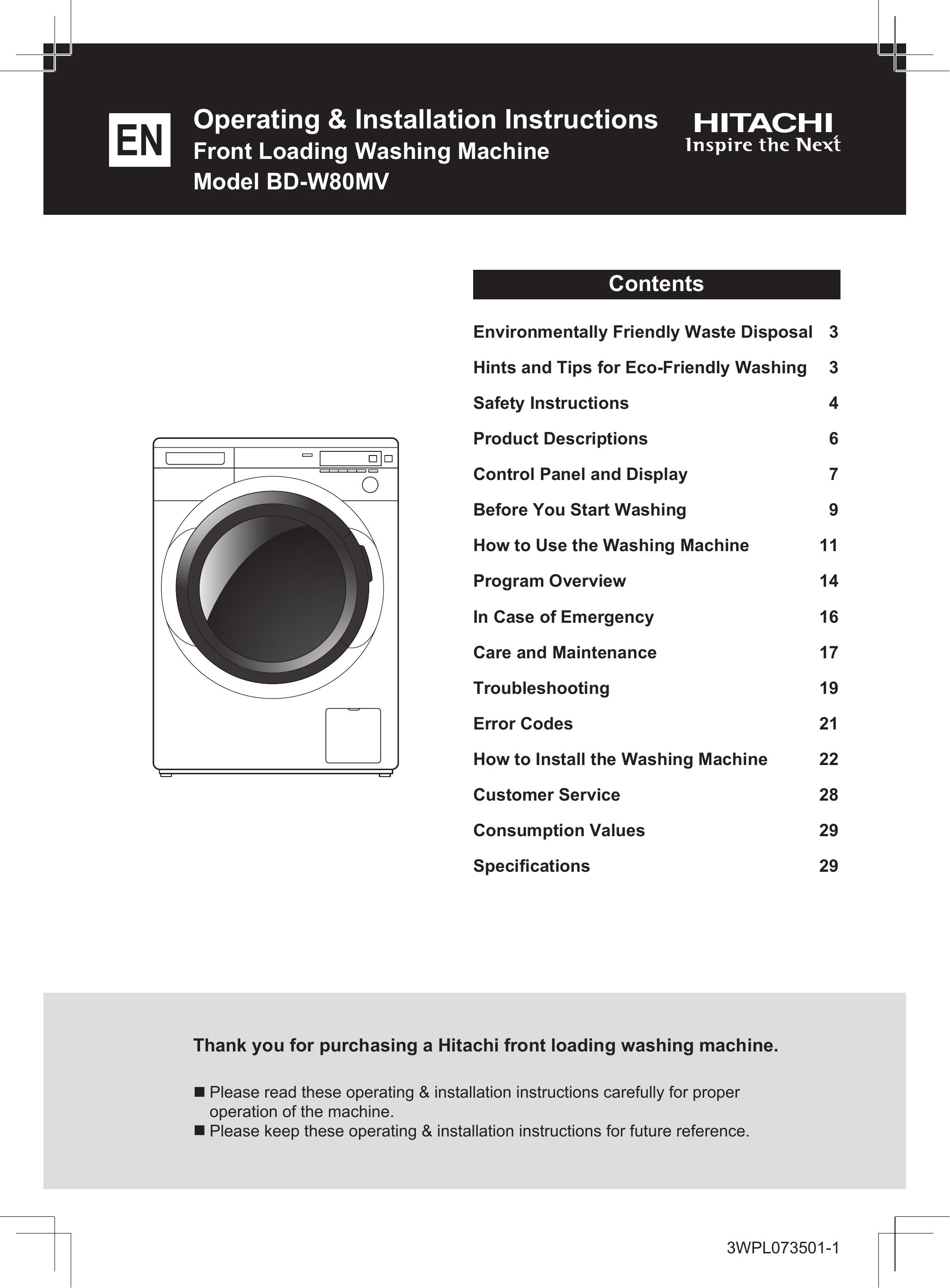 Hitachi BD-W80MV Washer User Manual