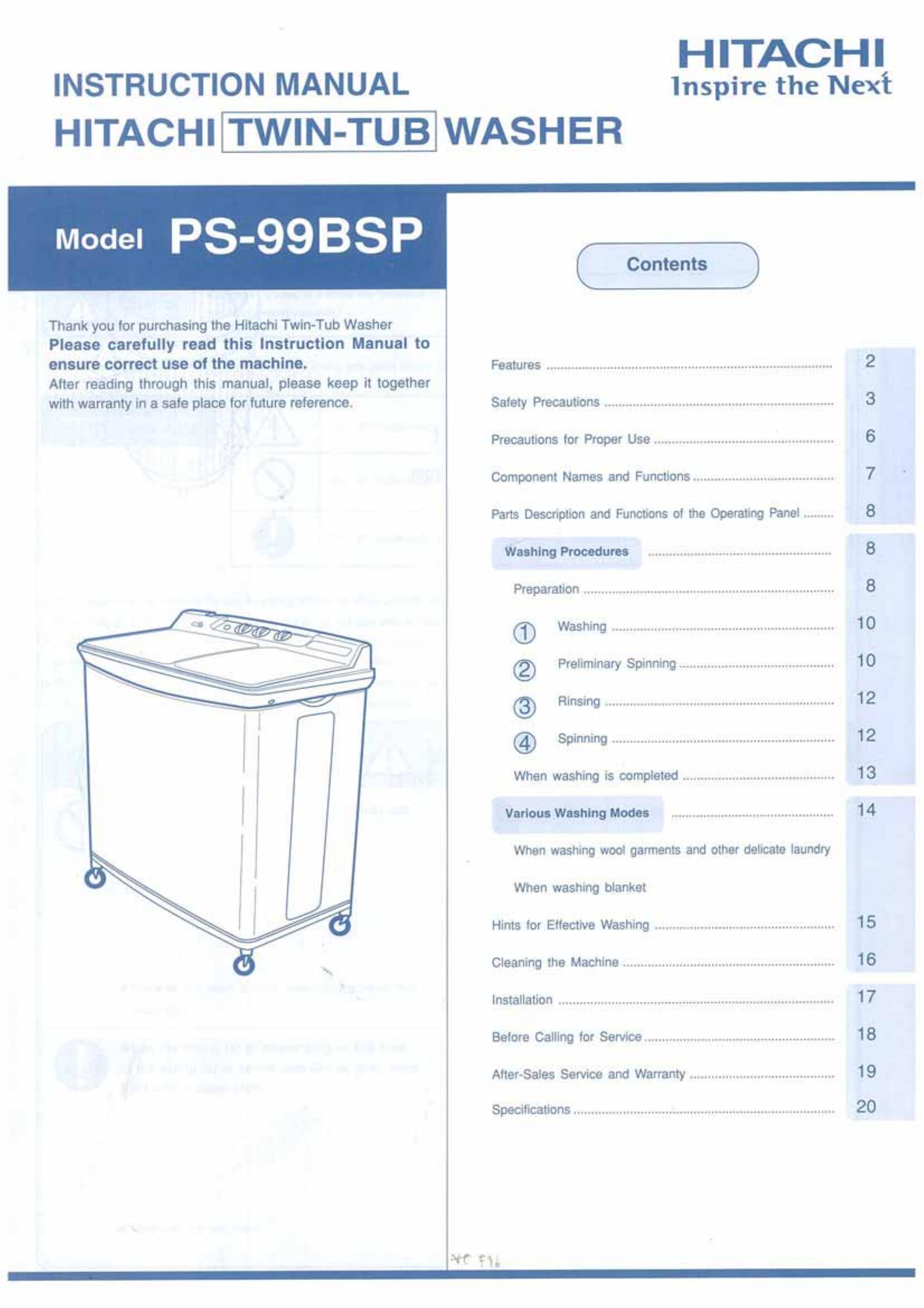 Hitachi ps-99bsp Washer User Manual
