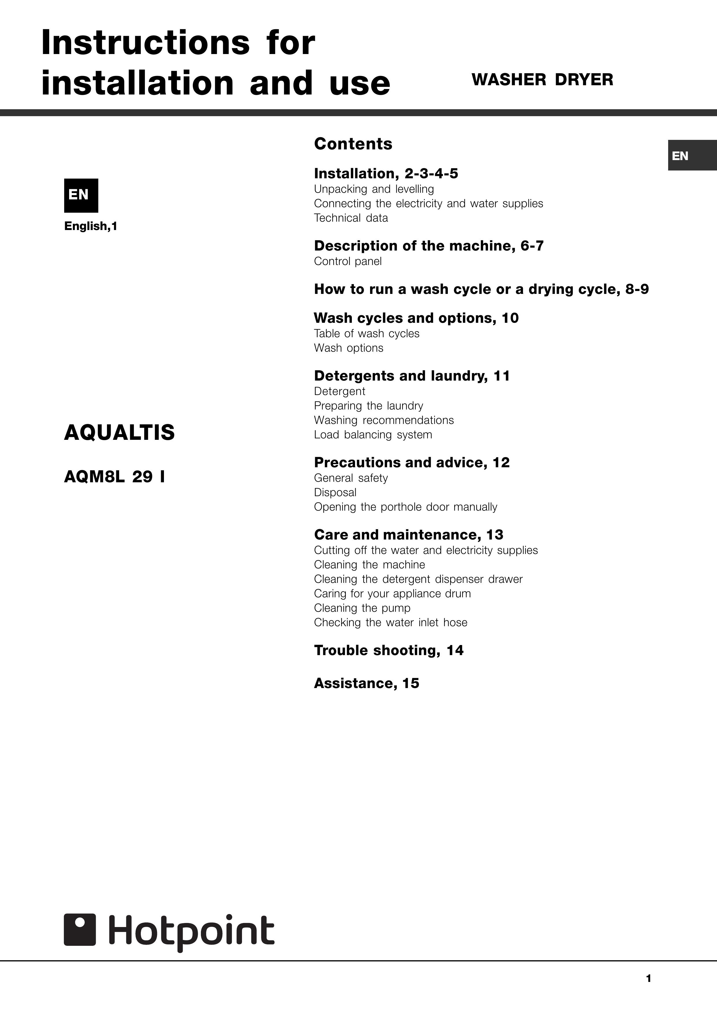 Hotpoint aqm8l 29 l Washer User Manual
