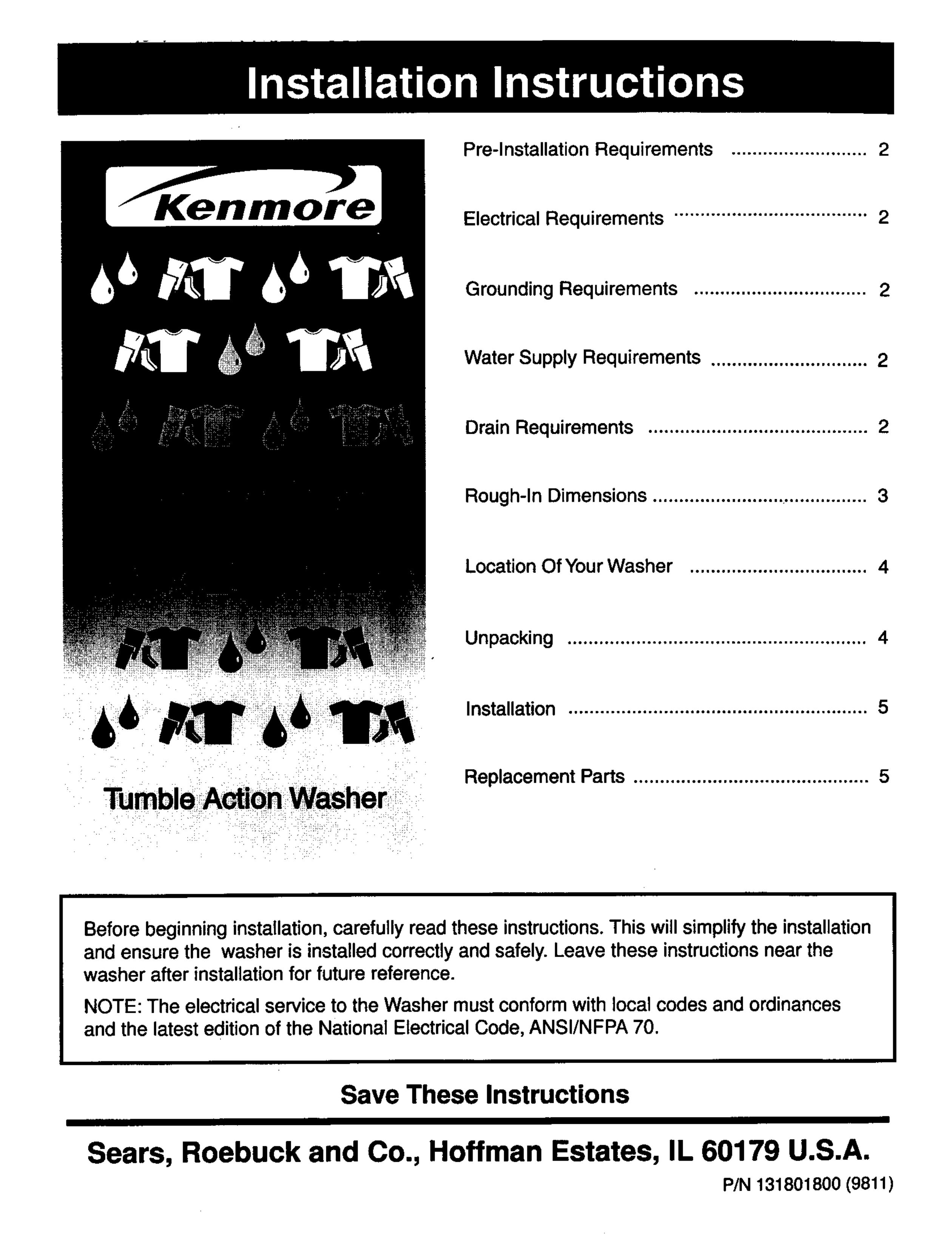 Kenmore 131801800 Washer User Manual