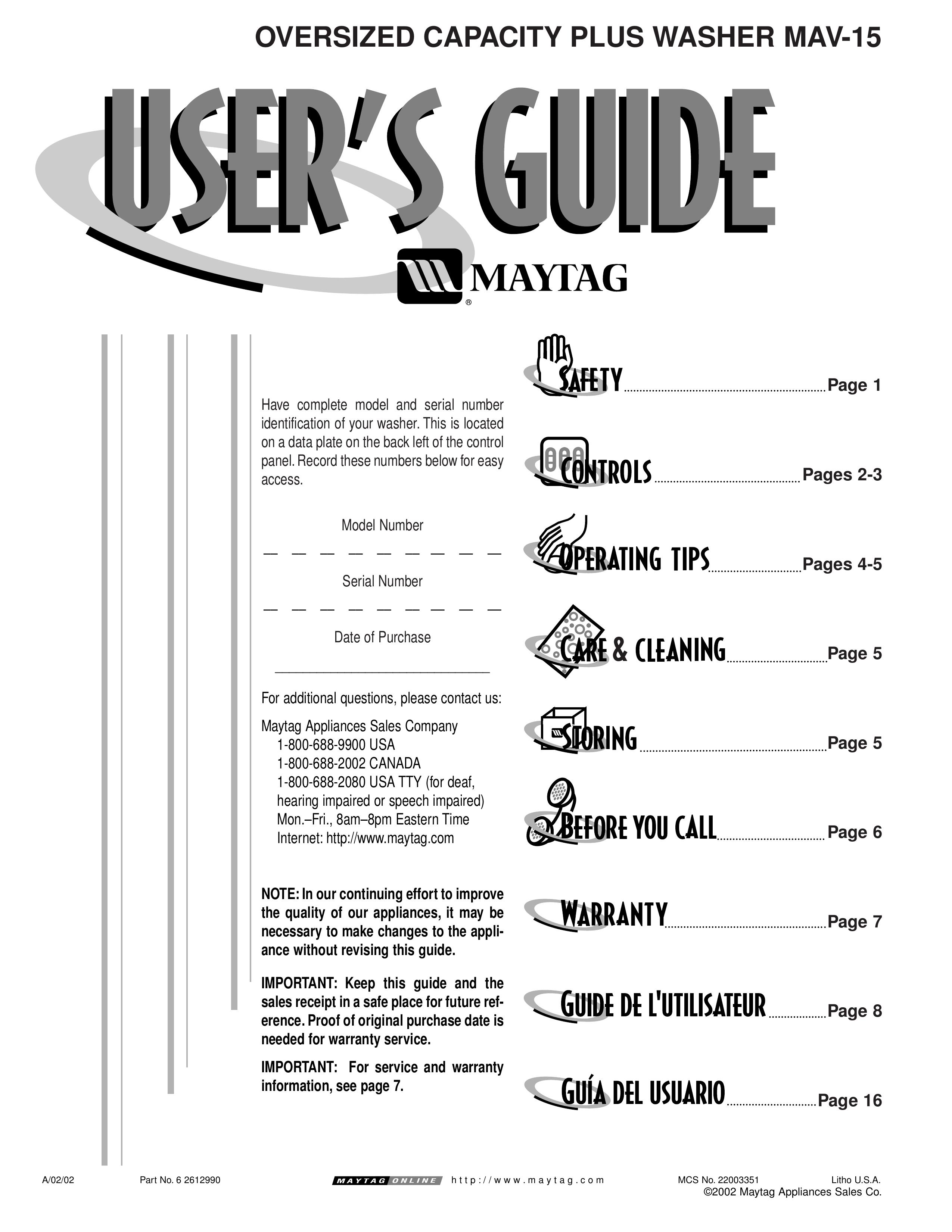 Maytag 2612990 Washer User Manual