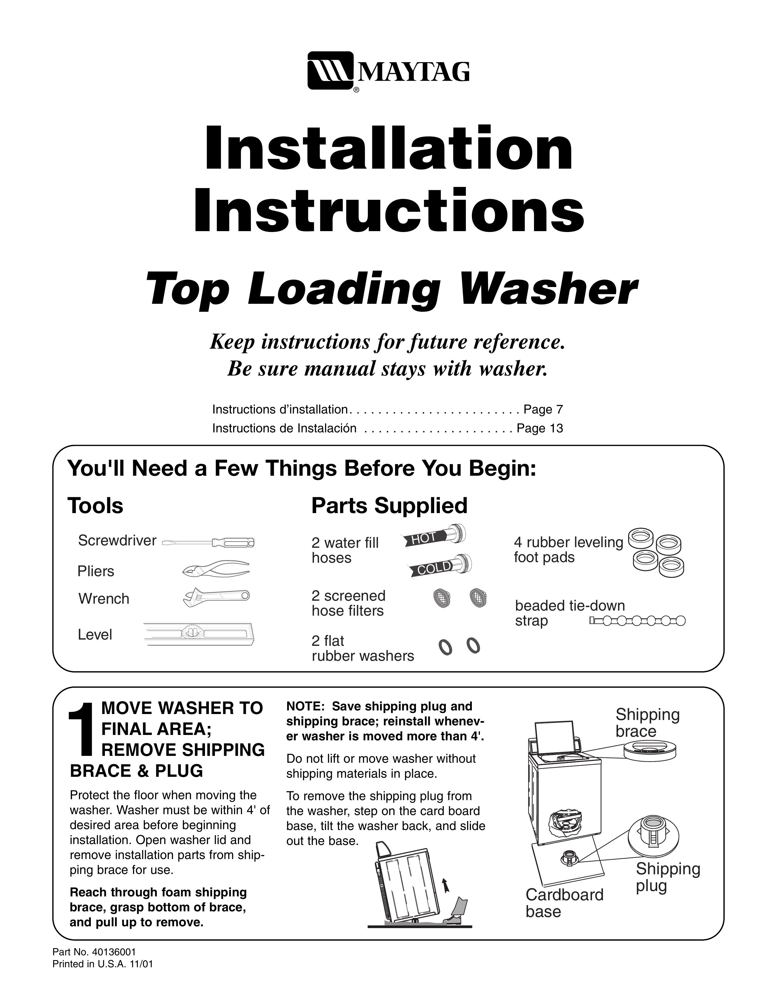 Maytag 40136001 Washer User Manual