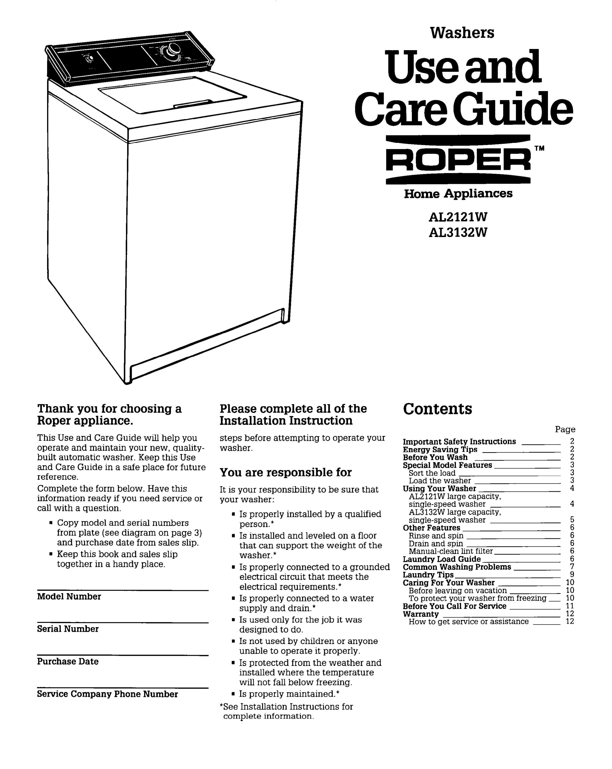Roper AL2121W Washer User Manual