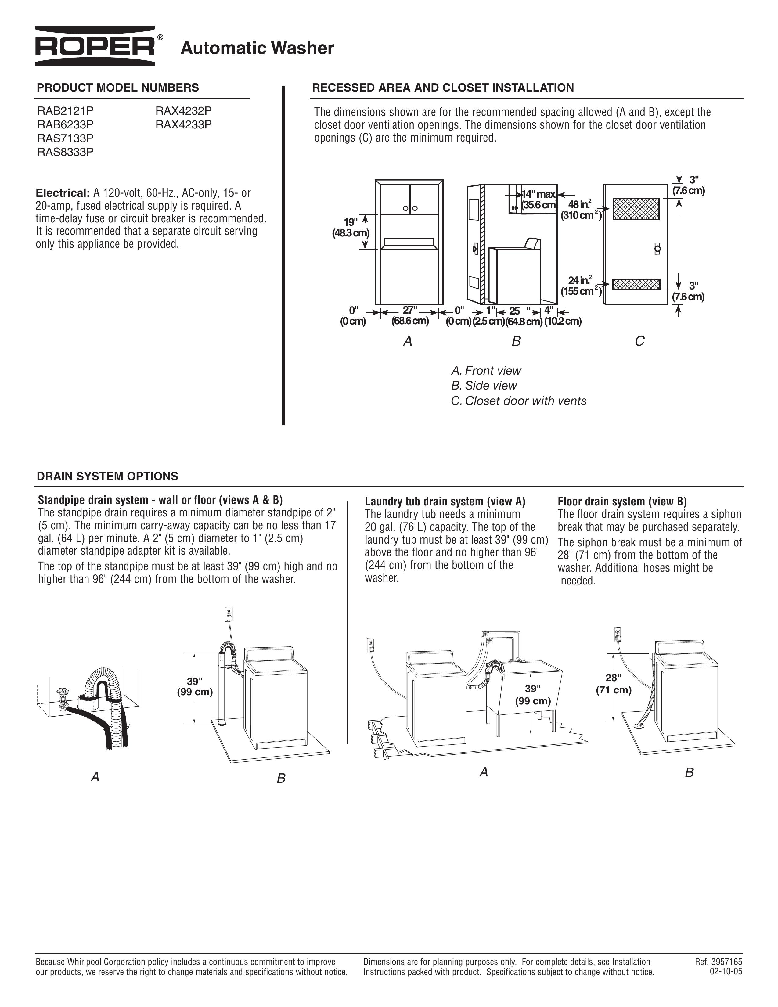 Roper RAB6233P Washer User Manual