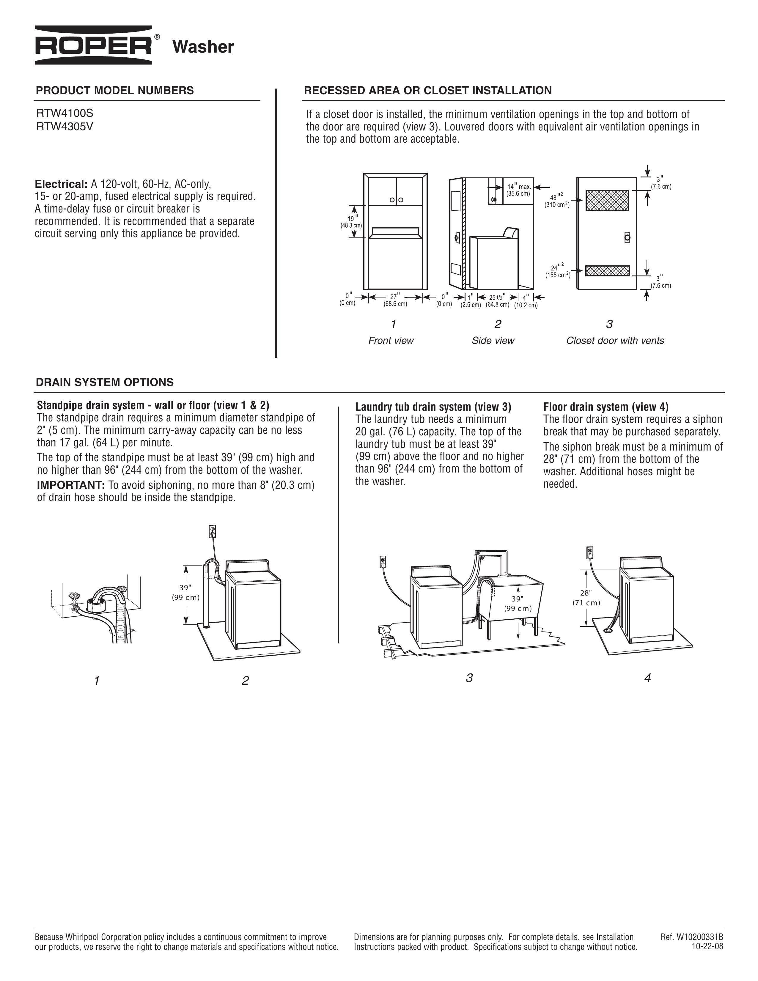 Roper RTW4100S Washer User Manual