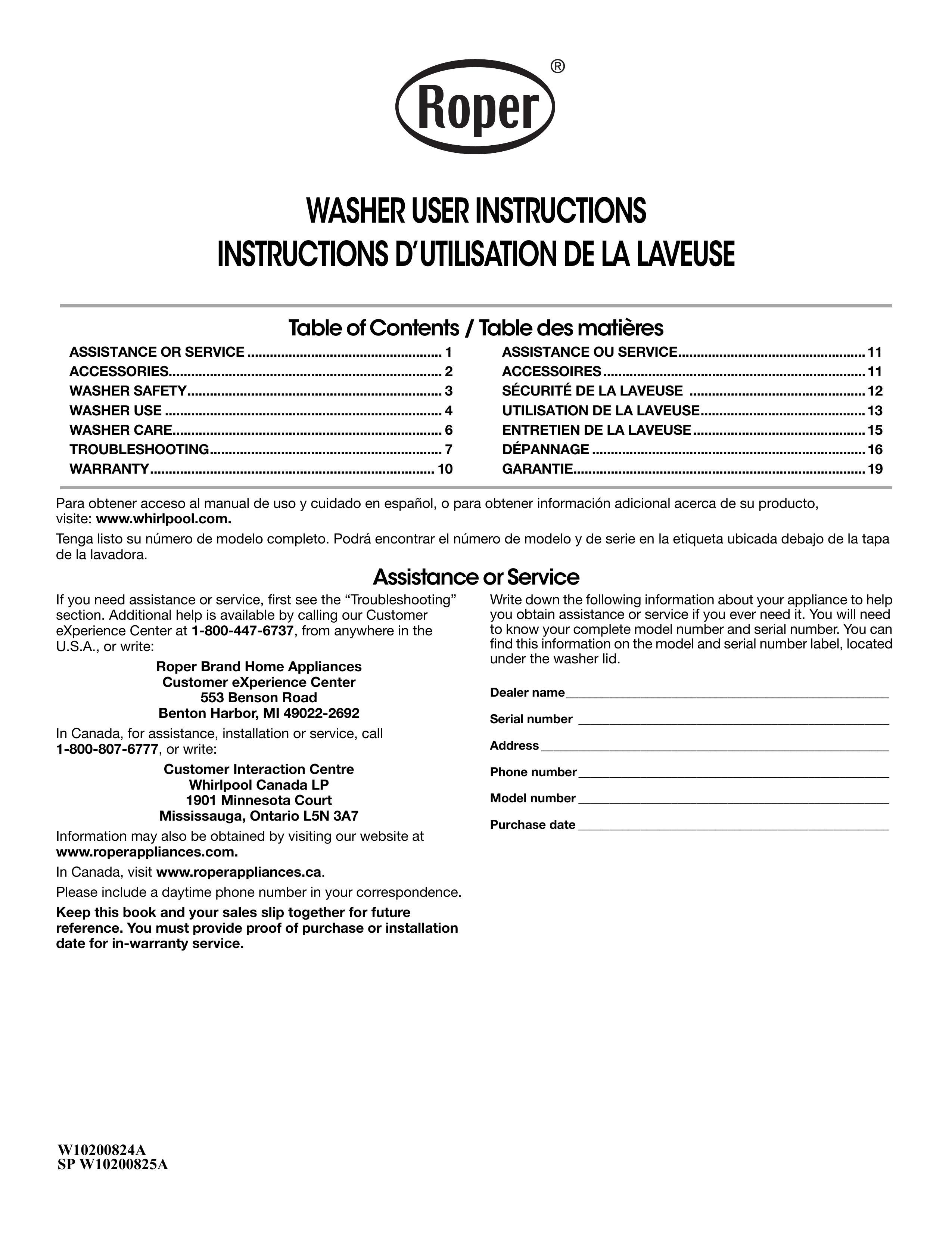 Roper SP W10200825A Washer User Manual