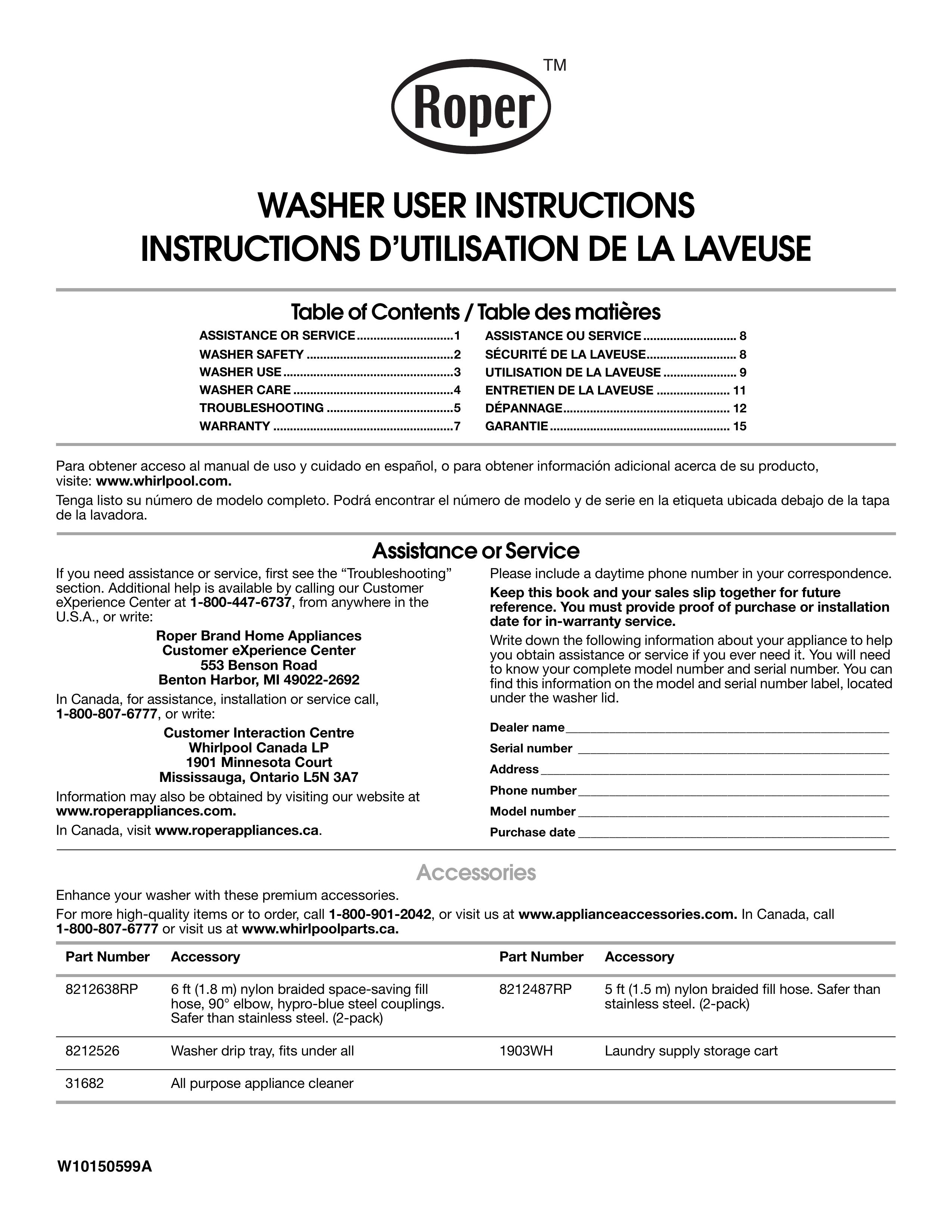 Roper W10150599A Washer User Manual