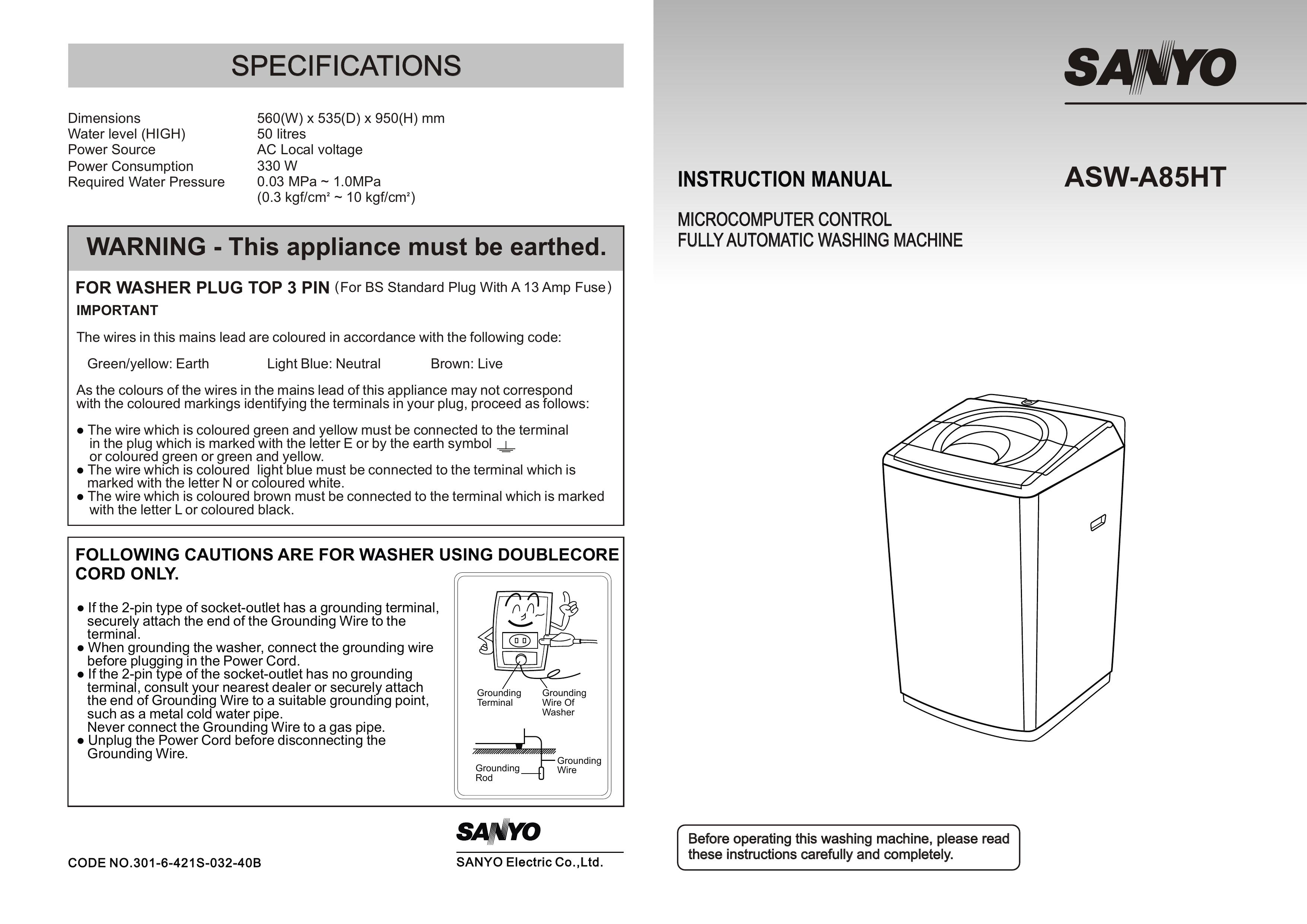 Sanyo Microcomputer Control Fully Automatic Washing Machine Washer User Manual