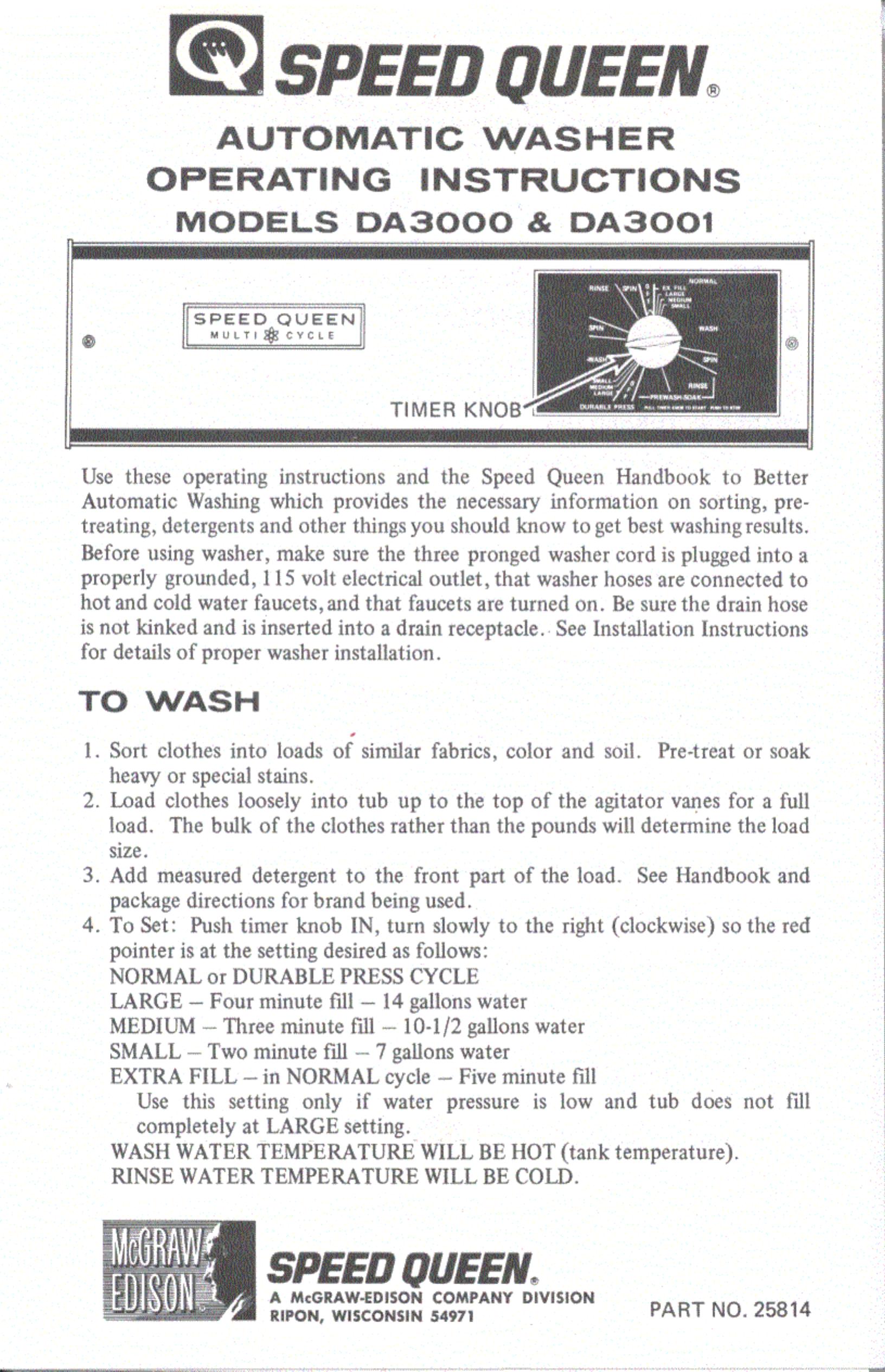 Speed Queen DA3001 Washer User Manual