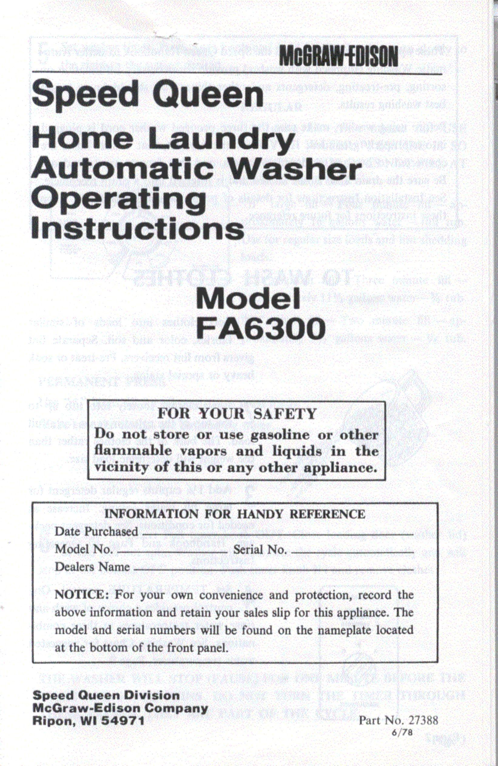 Speed Queen FA6300 Washer User Manual