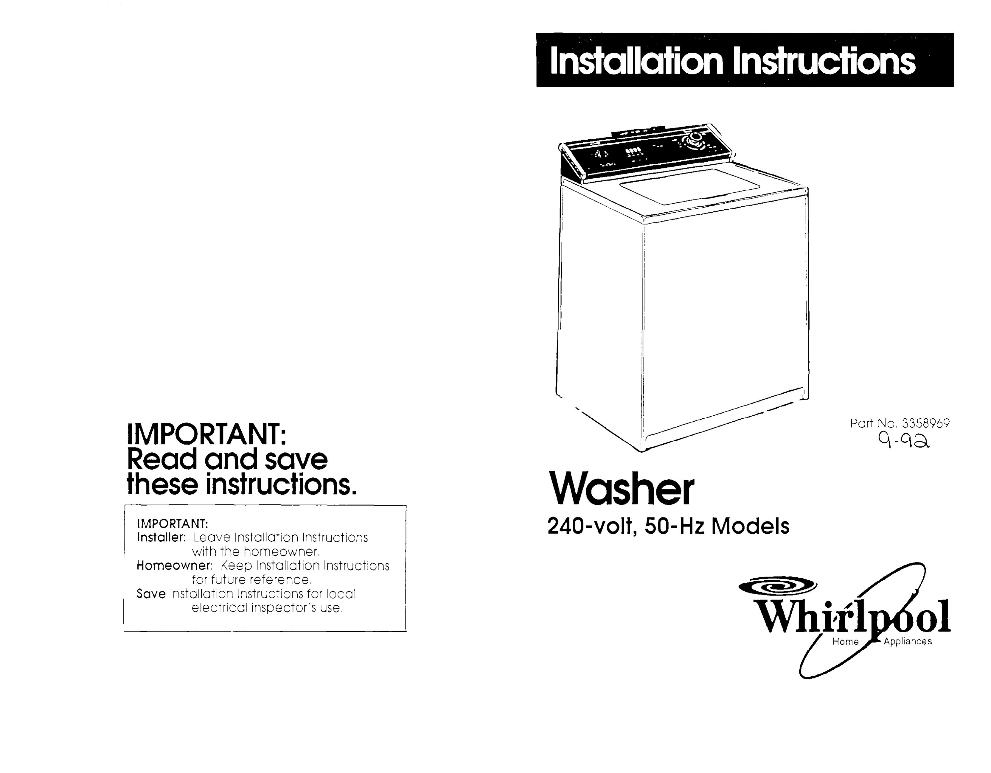 Whirlpool 3358969 Washer User Manual